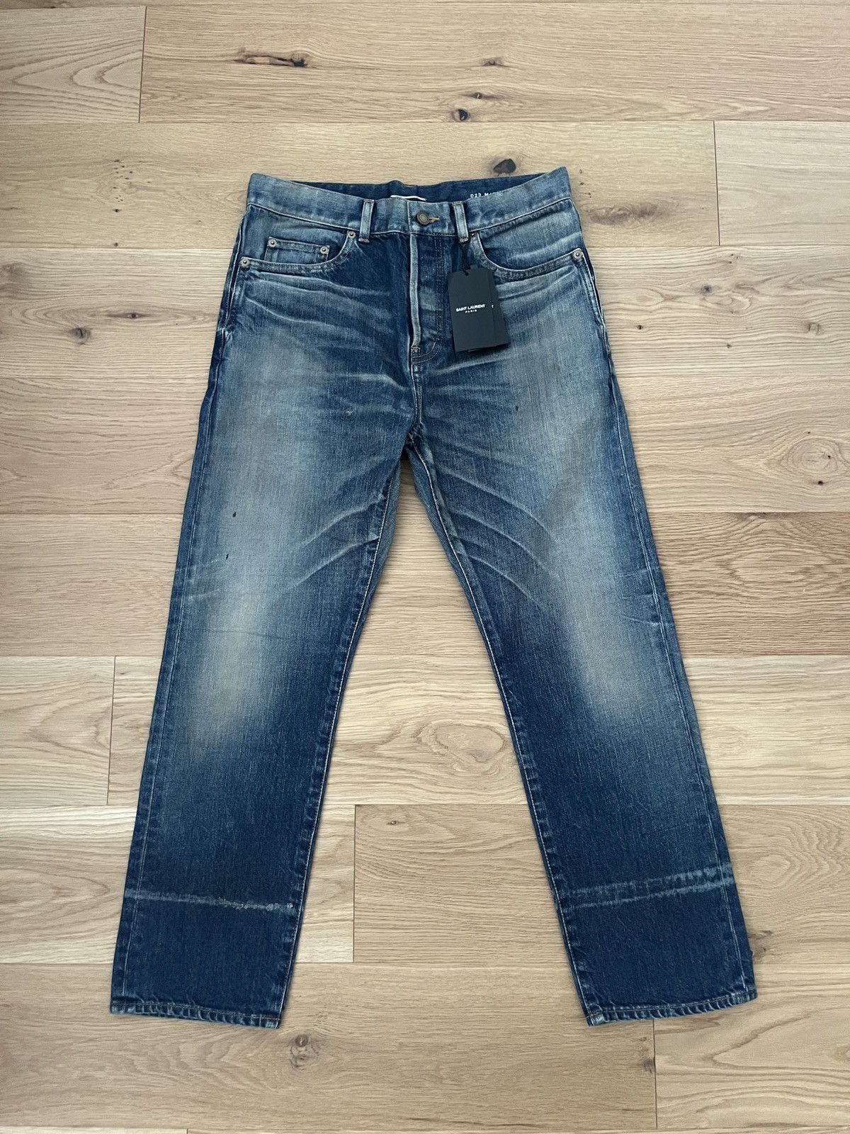 image of Saint Laurent Paris D23 Straight Fit Stonewash Denim Jeans in Blue, Men's (Size 30)