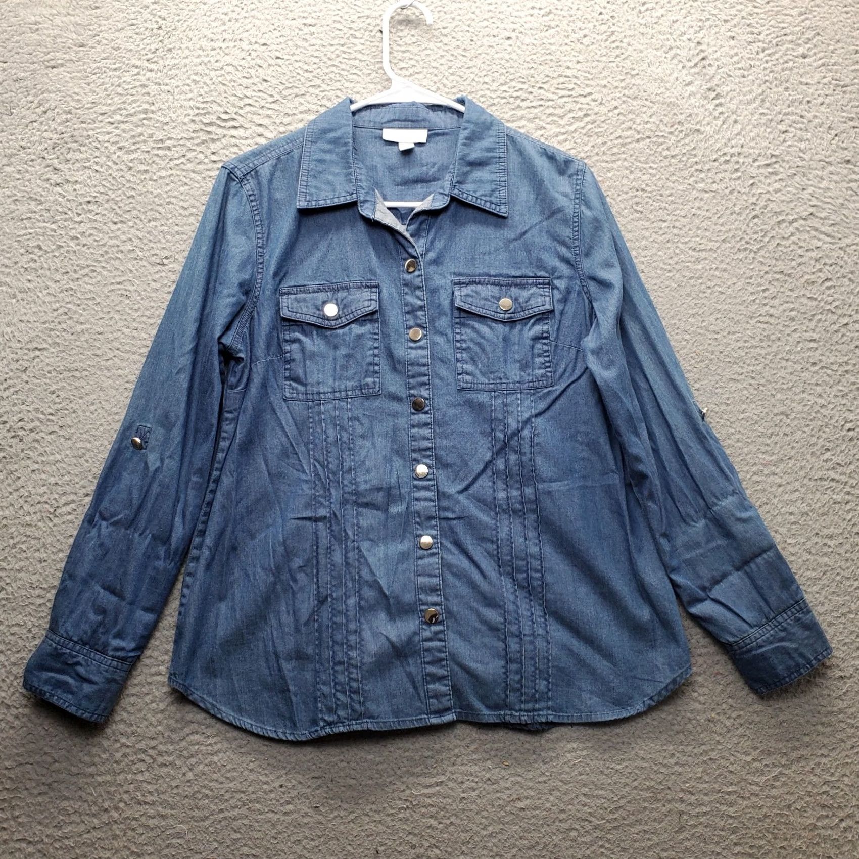 Charter Club Charter Club Western Shirt Womens Size 10P Blue Cotton Roll Tab Sleeve Snap Front Size L / US 10 / IT 46 - 3 Thumbnail