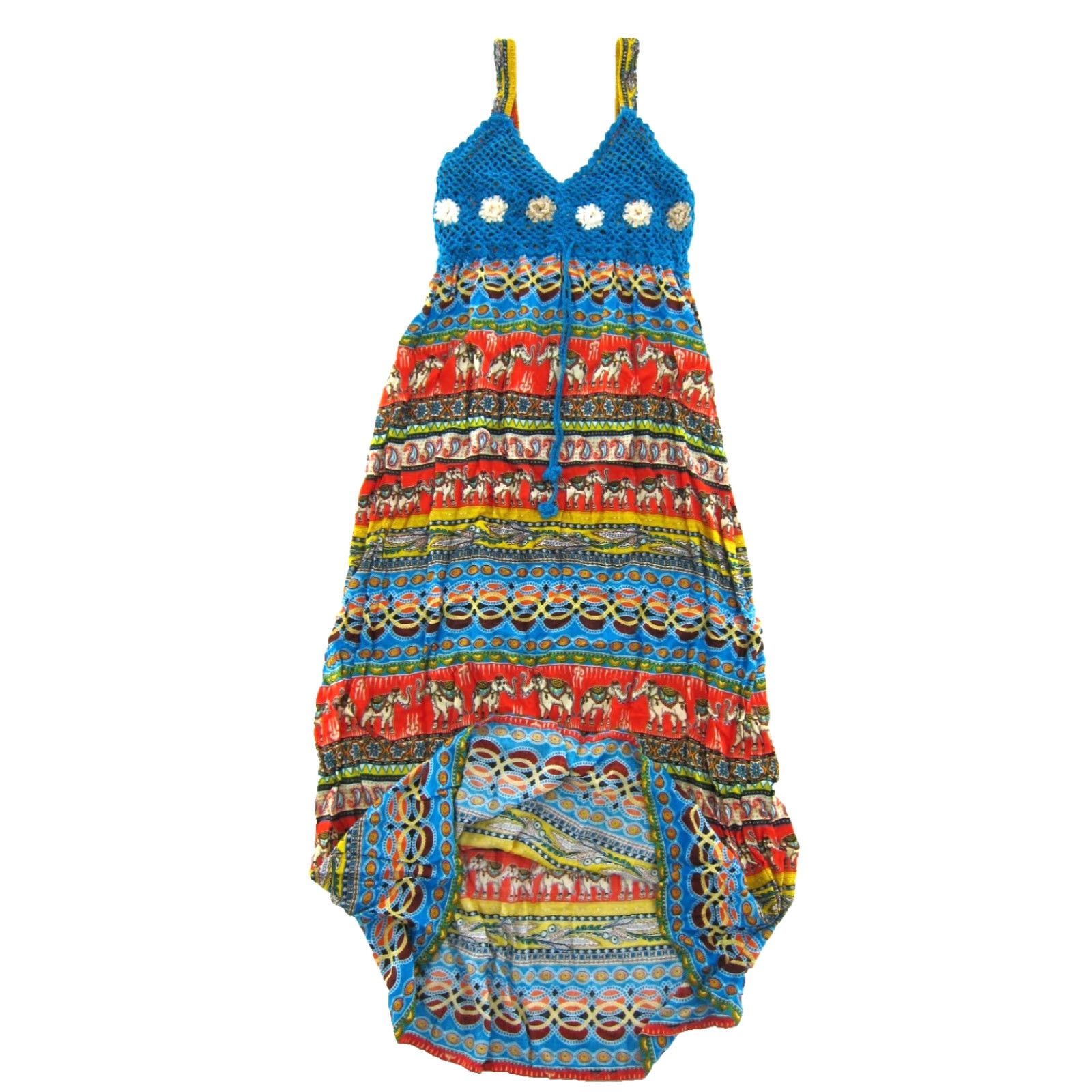 Vintage Elephant Floral Rayon Sun Dress Maxi Long Crochet Knit Tank Blue Red Yellow S-M Size S / US 4 / IT 40 - 4 Thumbnail