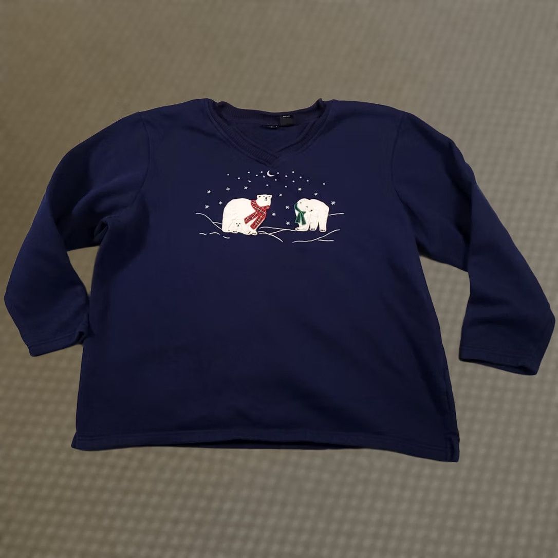Vintage Northcrest Sweater Womens 20W Plus Blue Polar Bear Embroidered V Neck Fleece Shirt Pullover Mens? Size 3XL / US 20-22 - 1 Thumbnail