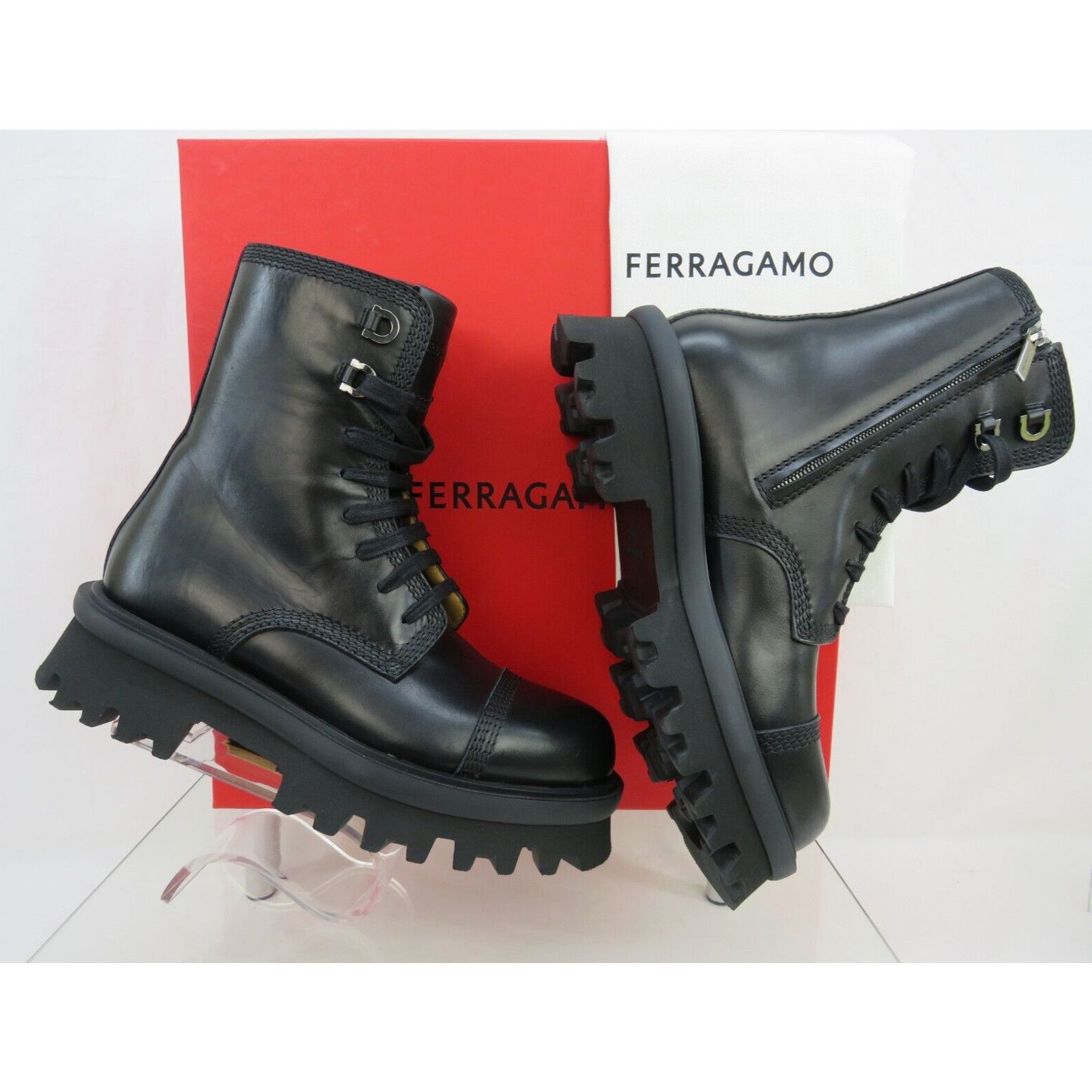 Salvatore Ferragamo FERRAGAMO FARAWAY BLACK LEATHER LOGO LACE ZIP BOOTS 10 M Size US 11 / EU 44 - 5 Thumbnail