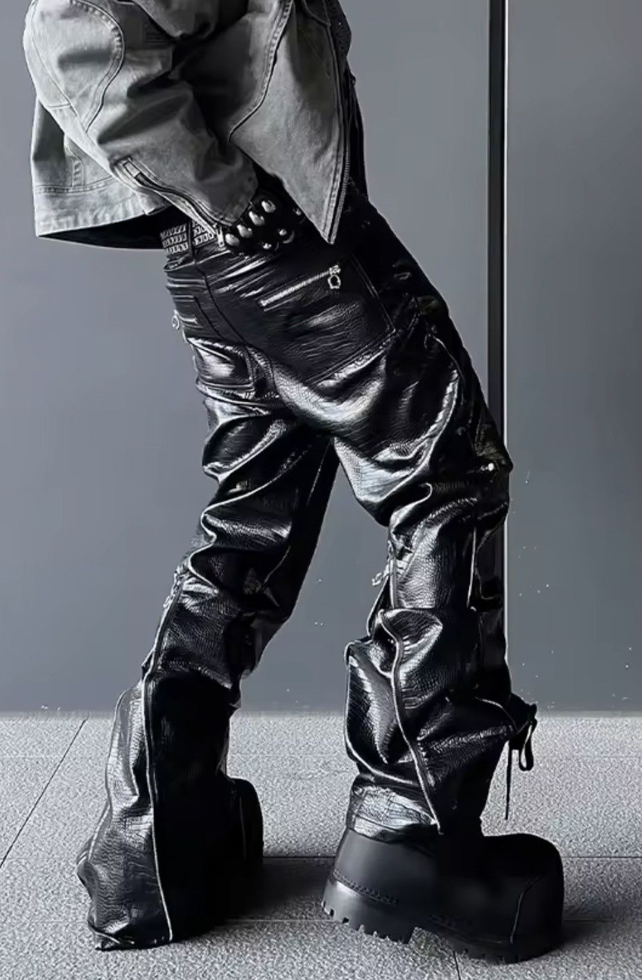 Japanese Brand Crinkled Faux Leather Pants Baggy Stacked PVC Trousers Size US 30 / EU 46 - 2 Thumbnail