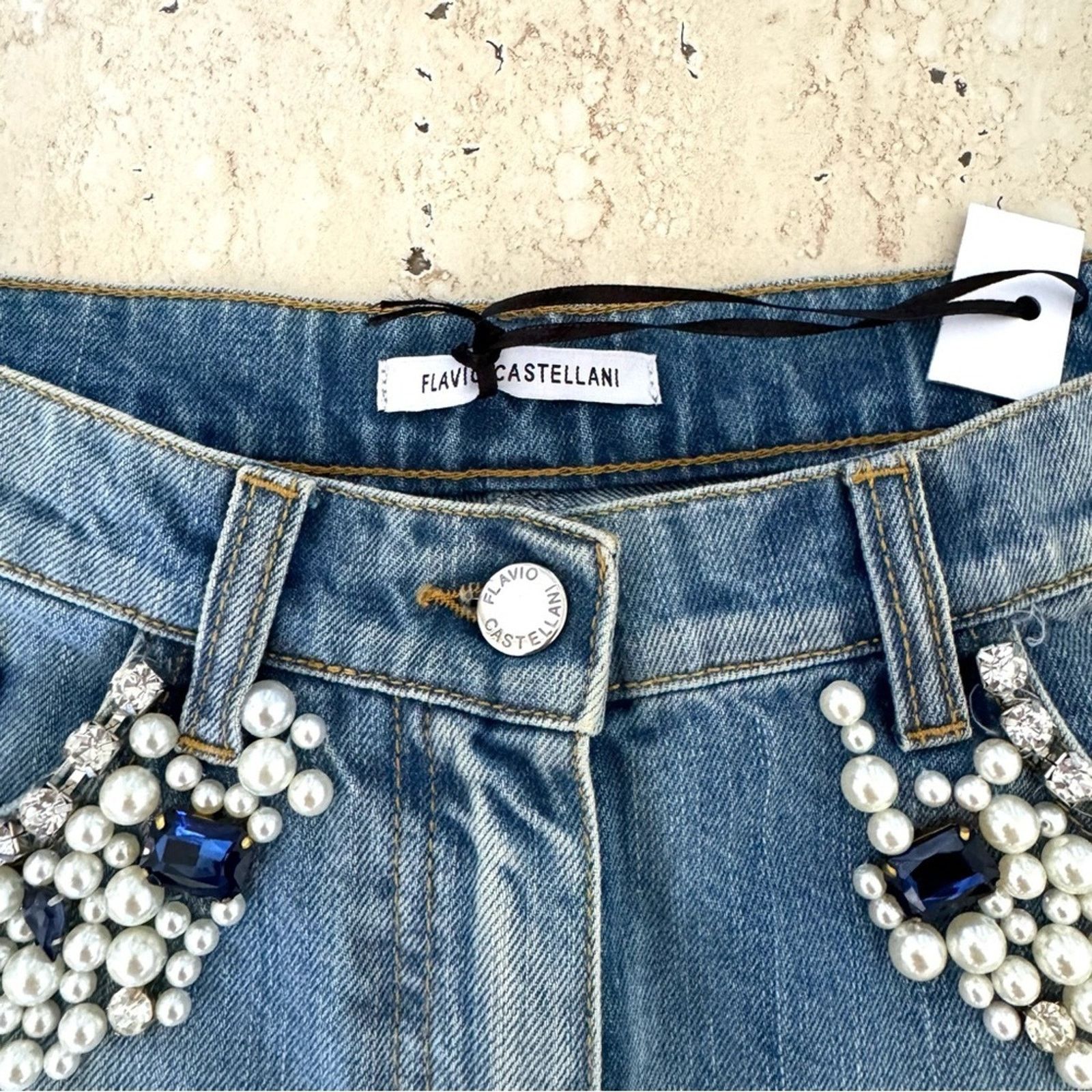 Other New! Flavio Castellani Jeans Shorts, Size 40 Crystals/Pearls Size 27" / US 4 / IT 40 - 4 Thumbnail