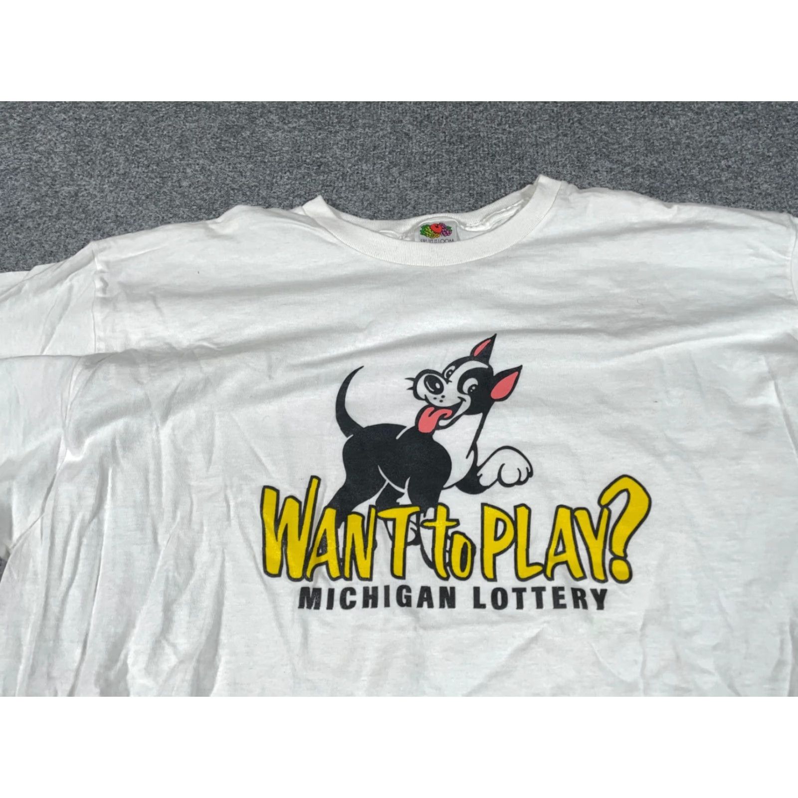 Fruit Of The Loom VTG Michigan Lottery Dog Want to Play T-Shirt Adult XL White Heavyweight Cotton Logo Graphic Tee Mens Retro Fun Hipster 90s? Size US XL / EU 56 / 4 - 5 Thumbnail