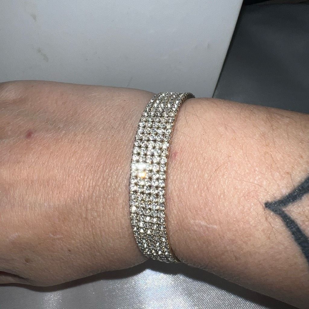 Vintage Vintage Silver and Rhinestone Thick Cuff Bracelet Size ONE SIZE - 1 Thumbnail