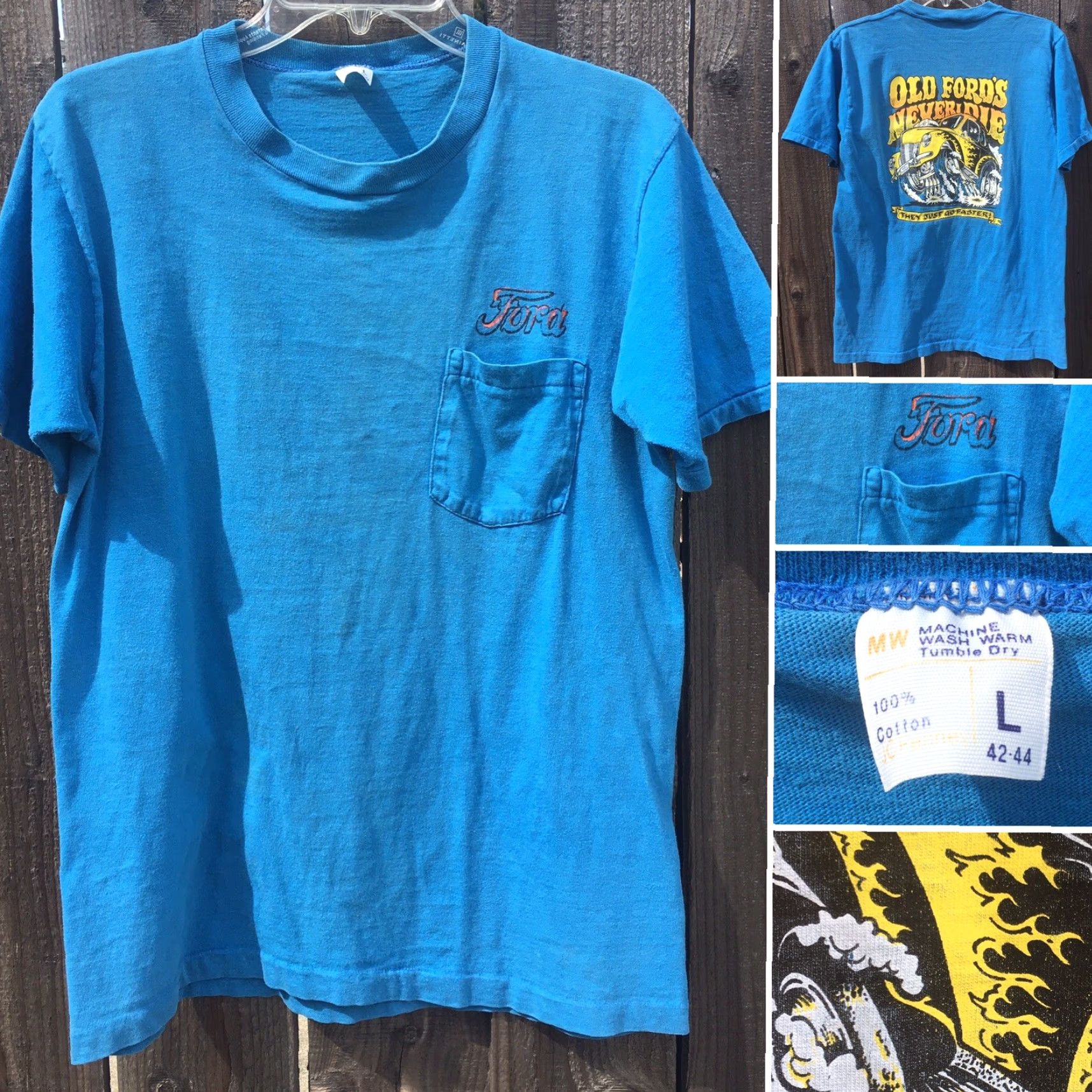 JCPenney Vintage Ford Pocket Tee Old Fords Never Die They Just Get Faster Iron On T-Shirt Shirt Men L Blue 1970s Graphic JC Penney Vintage Ford Pocket Tee Size US L / EU 52-54 / 3 - 4 Thumbnail