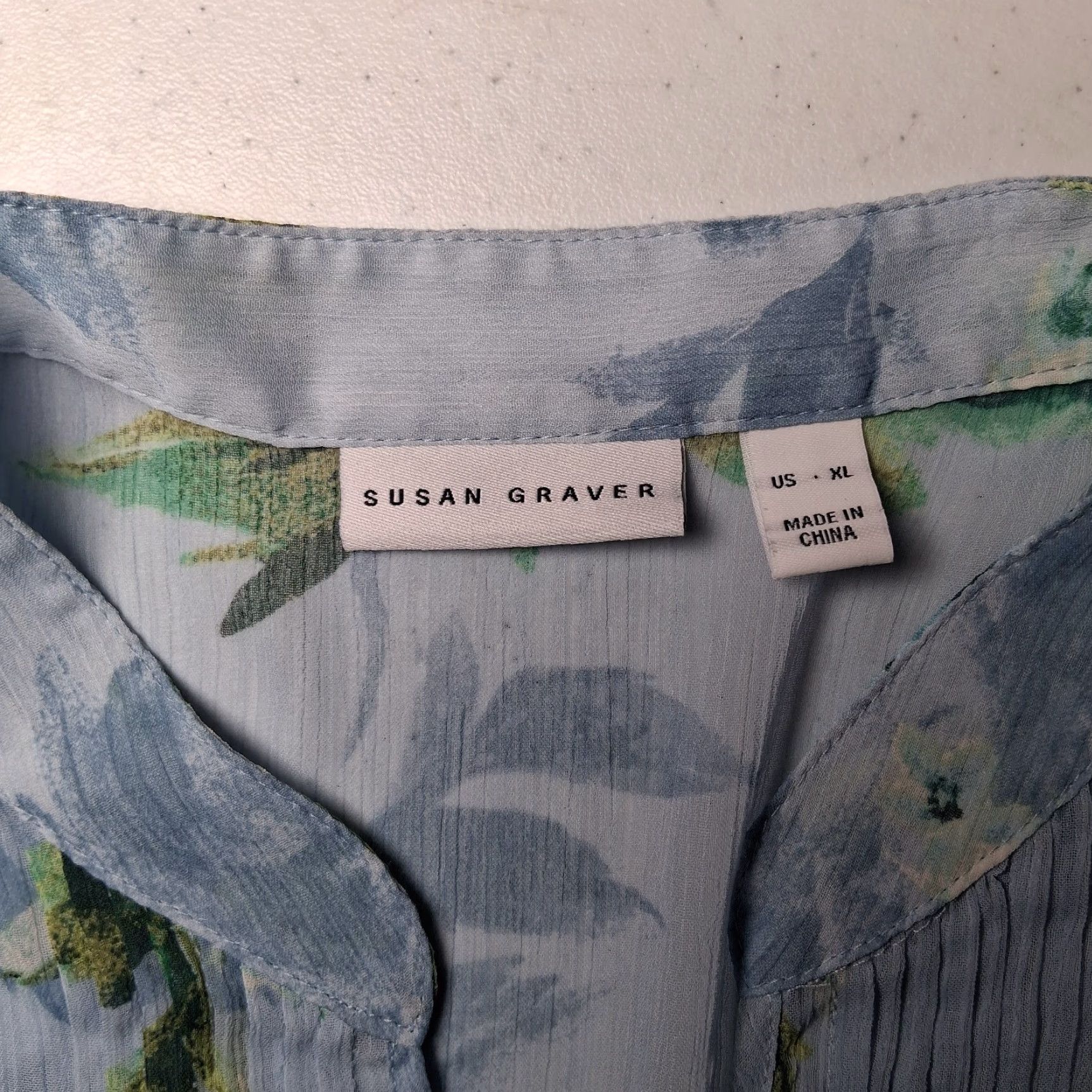Vintage Susan Graver Blouse XL Blue Peony Floral Long Sleeve Semi Sheer Lace Pleated Shirt Womens Size XL / US 12-14 / IT 48-50 - 6 Thumbnail