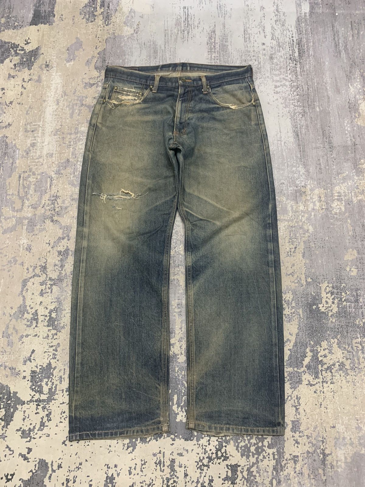 image of Ant Label x If Six Was Nine Baggy Slow Ride Distressed Rusty Wash Jean 35X30 in Blue, Men's