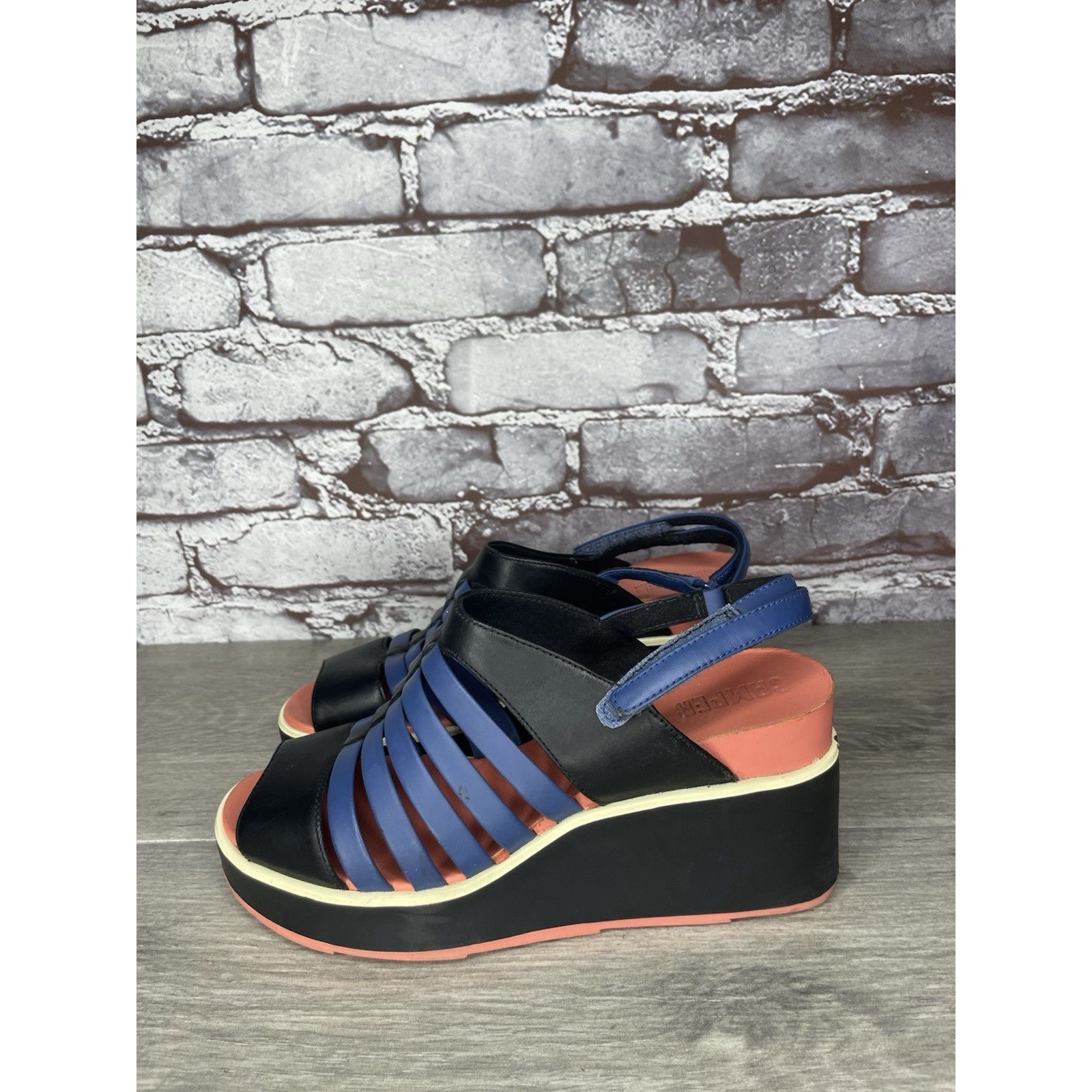 Camper Camper Tropic Black Blue Leather Ankle Strap Wedge Sandals W Size US 5.5 / IT 35.5 - 1 Thumbnail