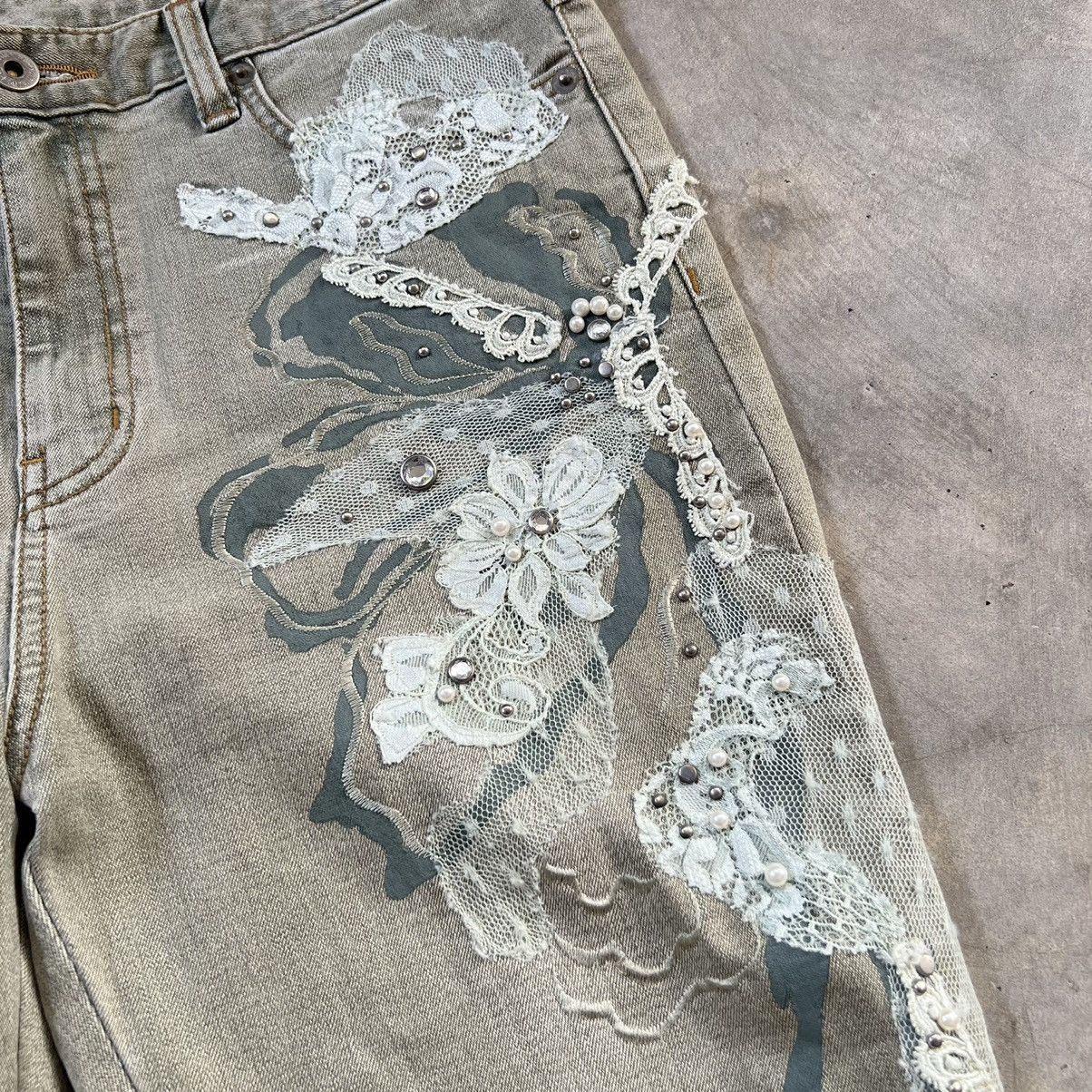 Japanese Brand Vintage D Azur Flared Swarovski Sage Green Jeans Size 30" / US 8 / IT 44 - 6 Thumbnail