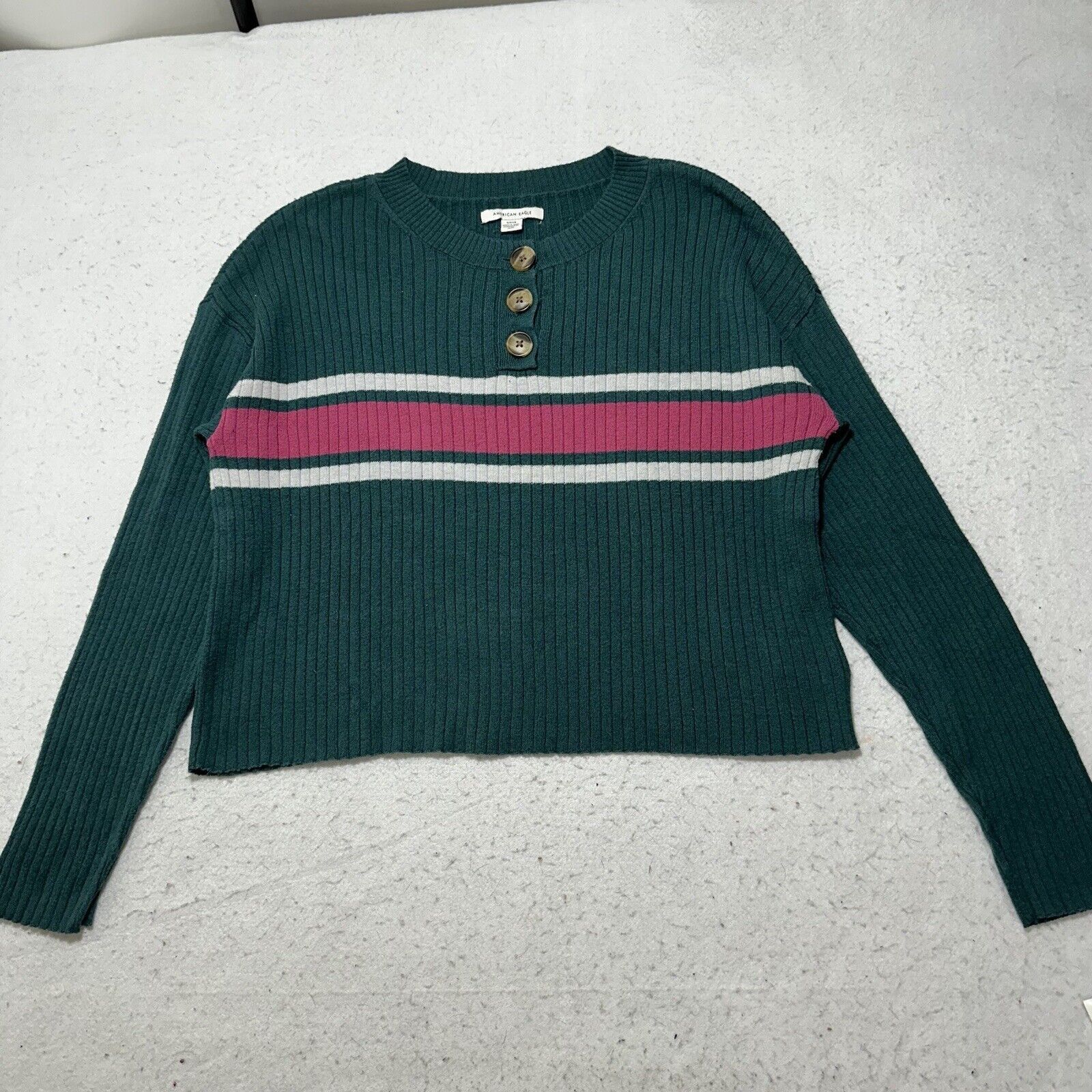 American Eagle Outfitters American Eagle Small Crop Henley Sweater Green Pink Stripe Size S / US 4 / IT 40 - 1 Thumbnail