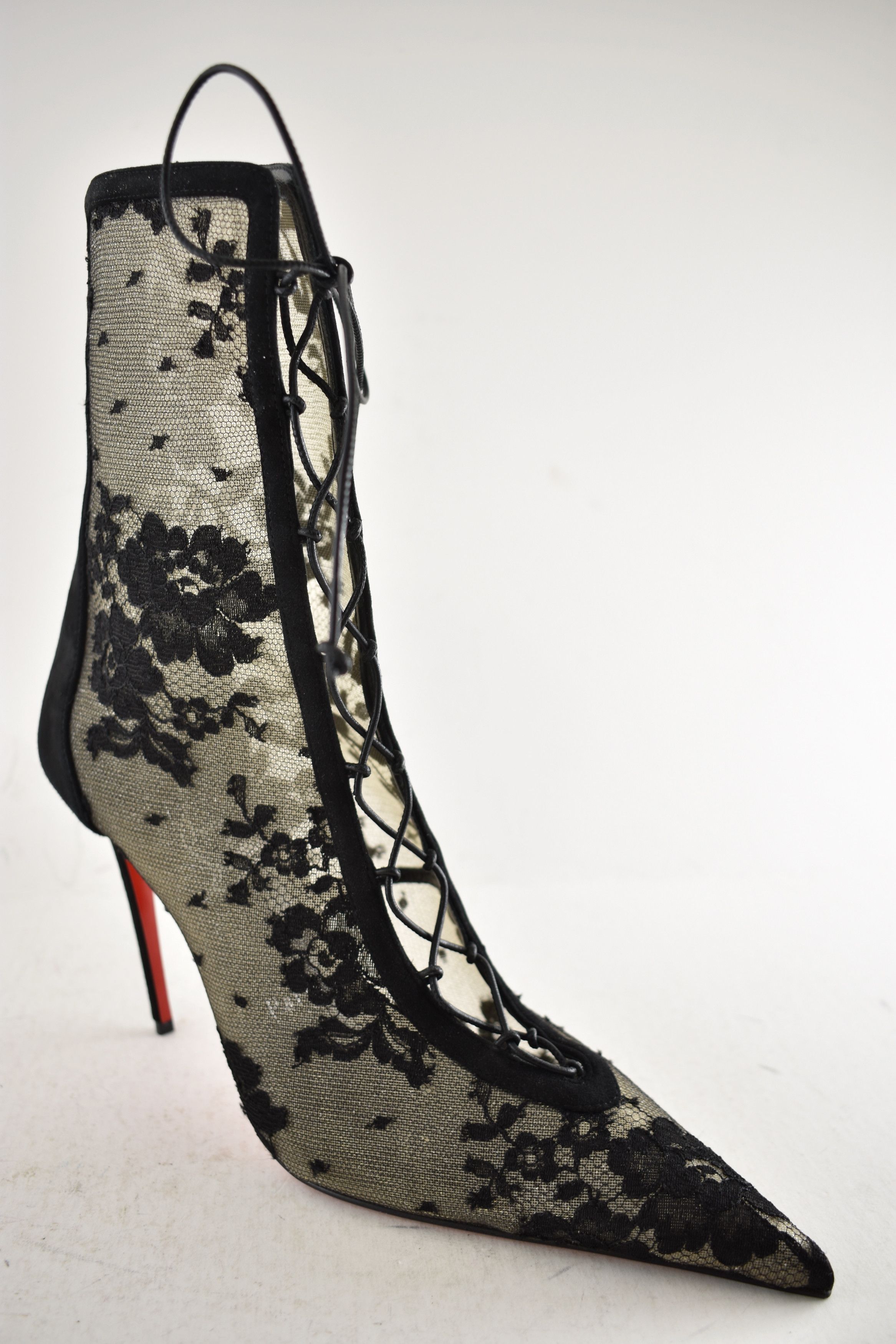 Christian Louboutin KM Lace Booty 100 Black Mesh Lace Up Ankle Heel Bootie 40 Size US 10 / IT 40 - 4 Thumbnail