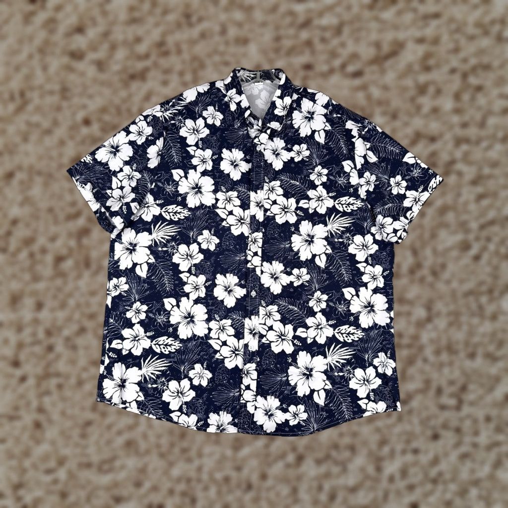 Vintage Hawaiian Shirt Men 2XL Blue White Floral Palm Leaf Button-Up Beach Polyester Size US XXL / EU 58 / 5 - 1 Thumbnail