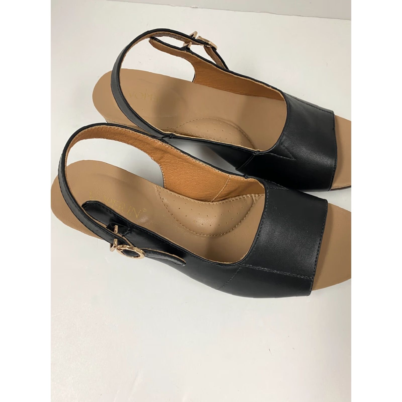 Vintage Voperin Womens Pumps Black Leather Open Toe Strap Buckle High Heel Block 3-3.9 in US 9 EU 40 AU 9 UK 7 Size Size US 10 / IT 40 - 2 Thumbnail