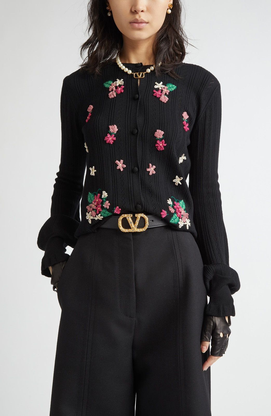 Valentino Valentino Garavani Floral Embroidered Wool Cardigan S Black Size S / US 4 / IT 40 - 1 Thumbnail