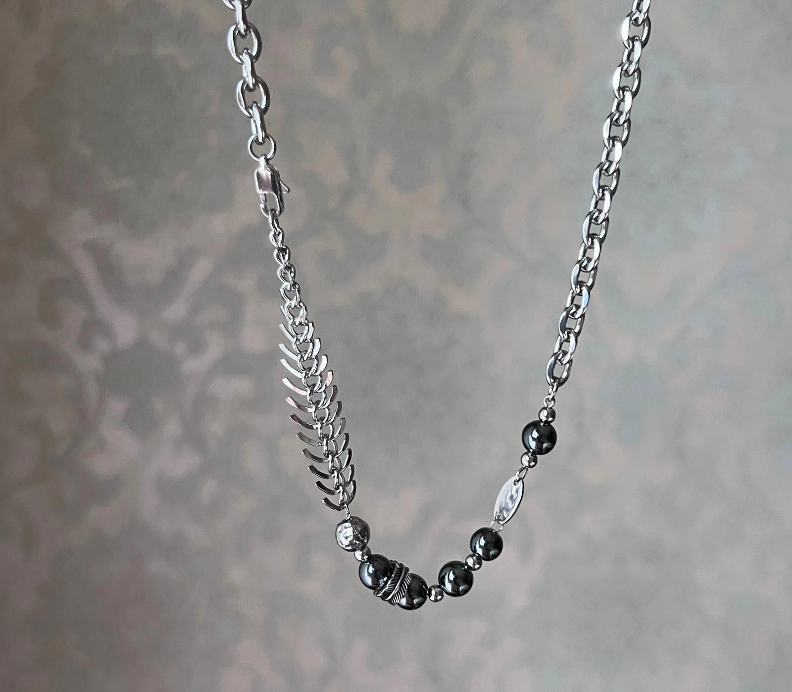 Jewelry Silver Chain Men's Necklace with Beaded and Leaf Design Size ONE SIZE - 5 Thumbnail