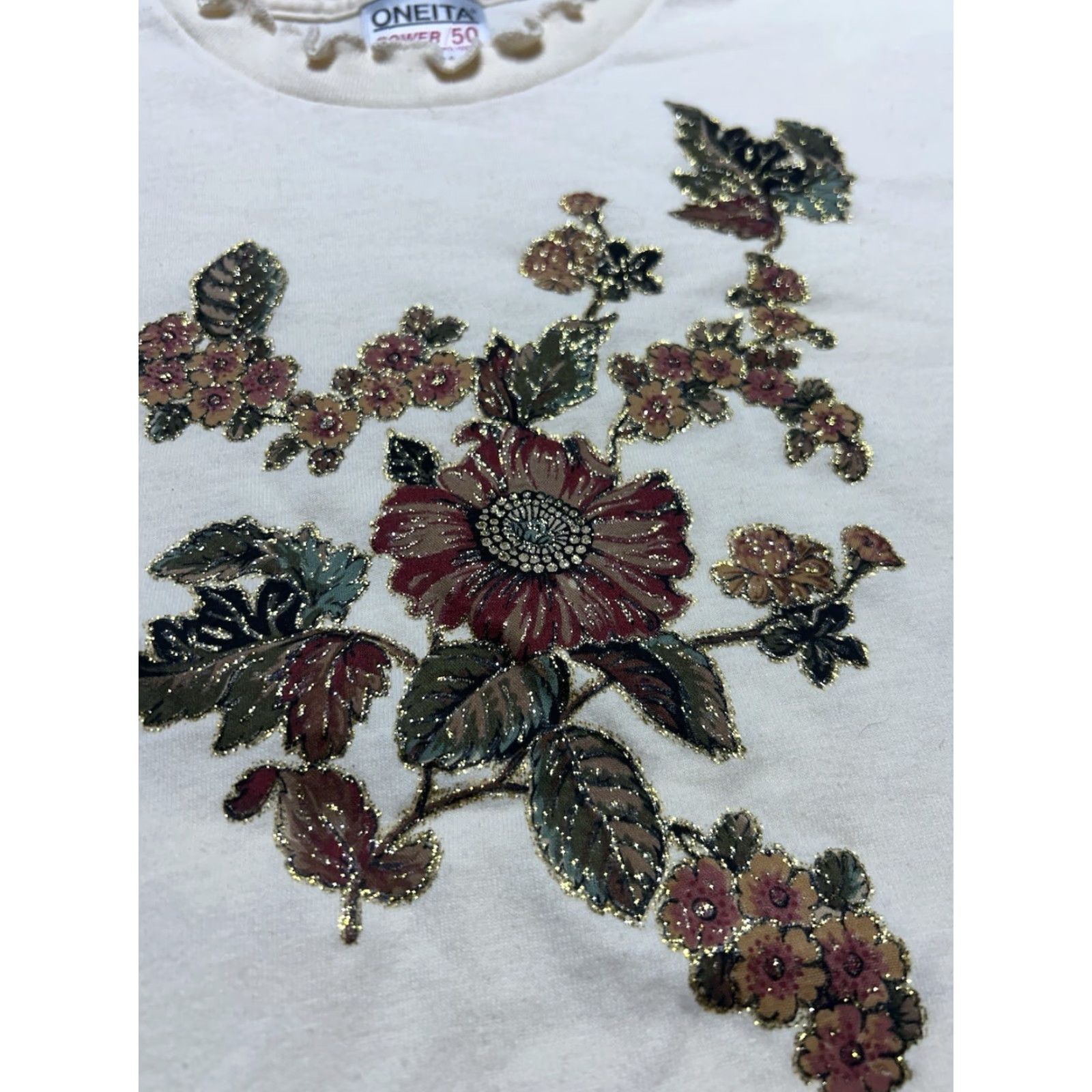 Sunflower VINTAGE 90s FLOWER T-Shirt Floral Pattern Women's L White Graphic Shirt Flowers Glitter Sparkle Large Size L / US 10 / IT 46 - 3 Thumbnail