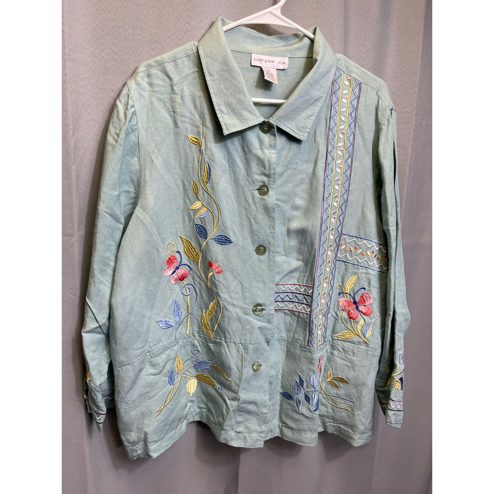 Other Susan Graver SKU 7695 Womens Green Embroidered Button Up Shi Size XL / US 12-14 / IT 48-50 - 1 Thumbnail