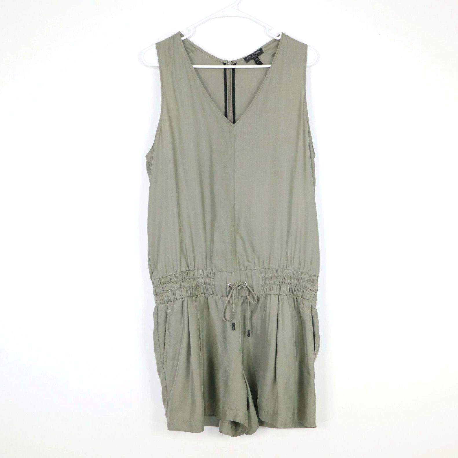 image of Rag Bone Rag & Bone Silk Romper Womens 10 Olive Green V-Neck Sleeveless Drawstring Waist in White (