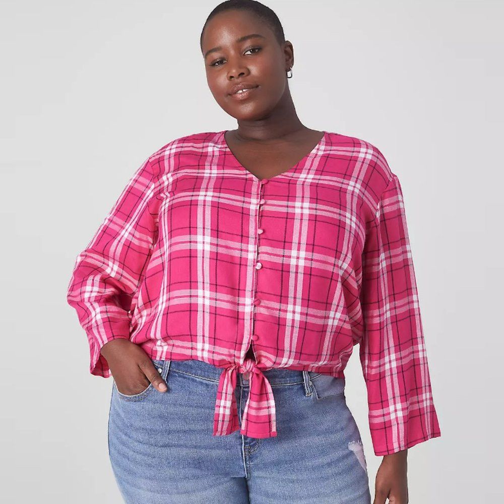 Other New Lane Bryant Classic Button-Down Tie-Hem Long Sleeve Pla Size 3XL / US 20-22 - 1 Thumbnail