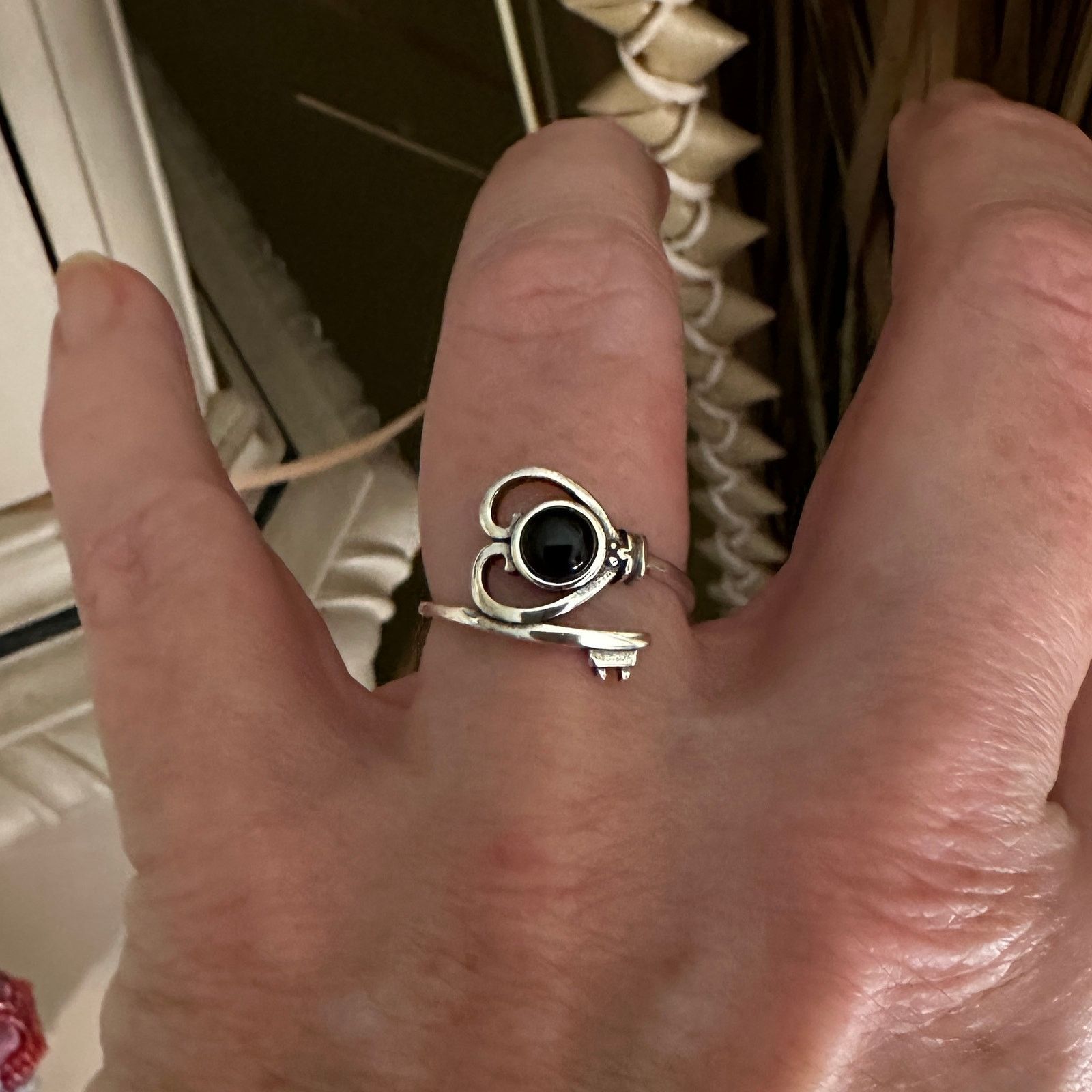 The Unbranded Brand Heart & Key Black Agate Sterling Silver Ring Size ONE SIZE - 4 Thumbnail