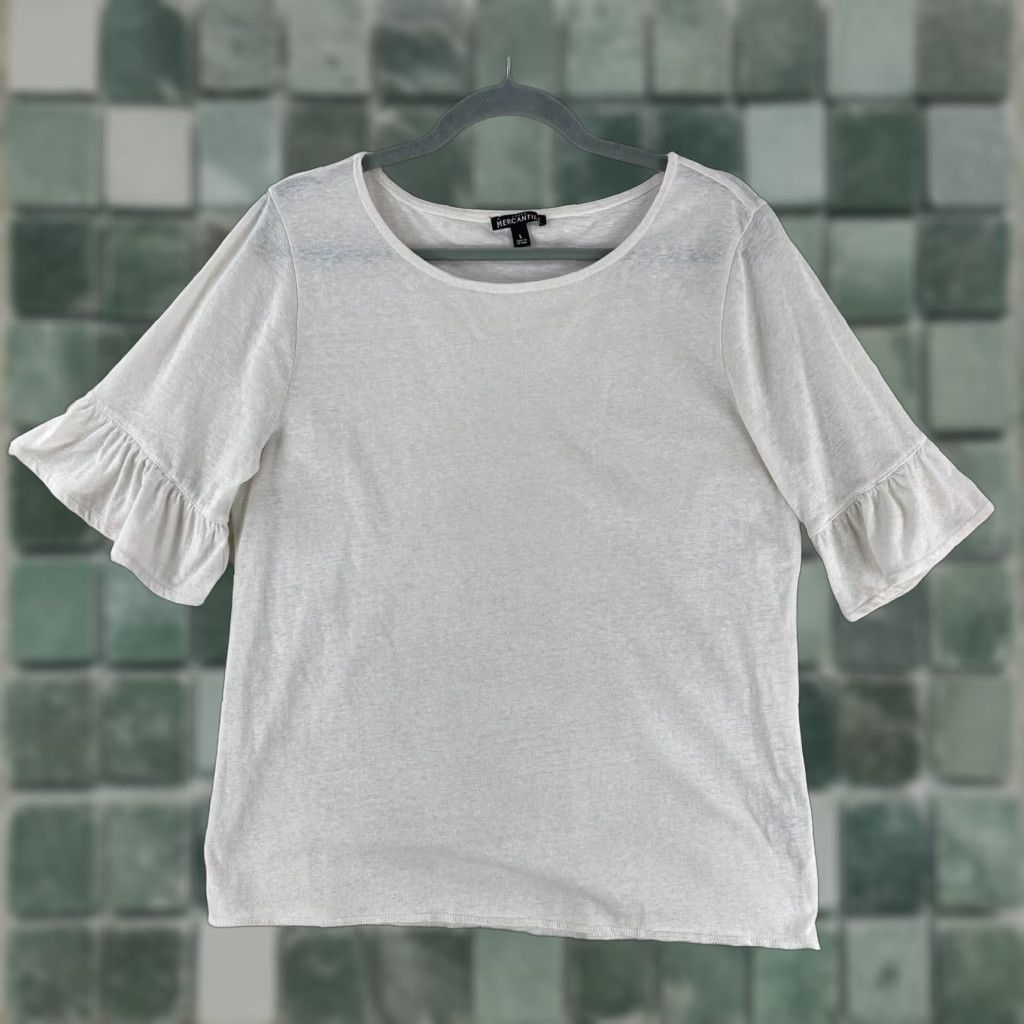 J.Crew J. Crew Mercantile Shirt Womens Large White Ruffle Sleeve Crew Neck Pullover Size L / US 10 / IT 46 - 1 Thumbnail