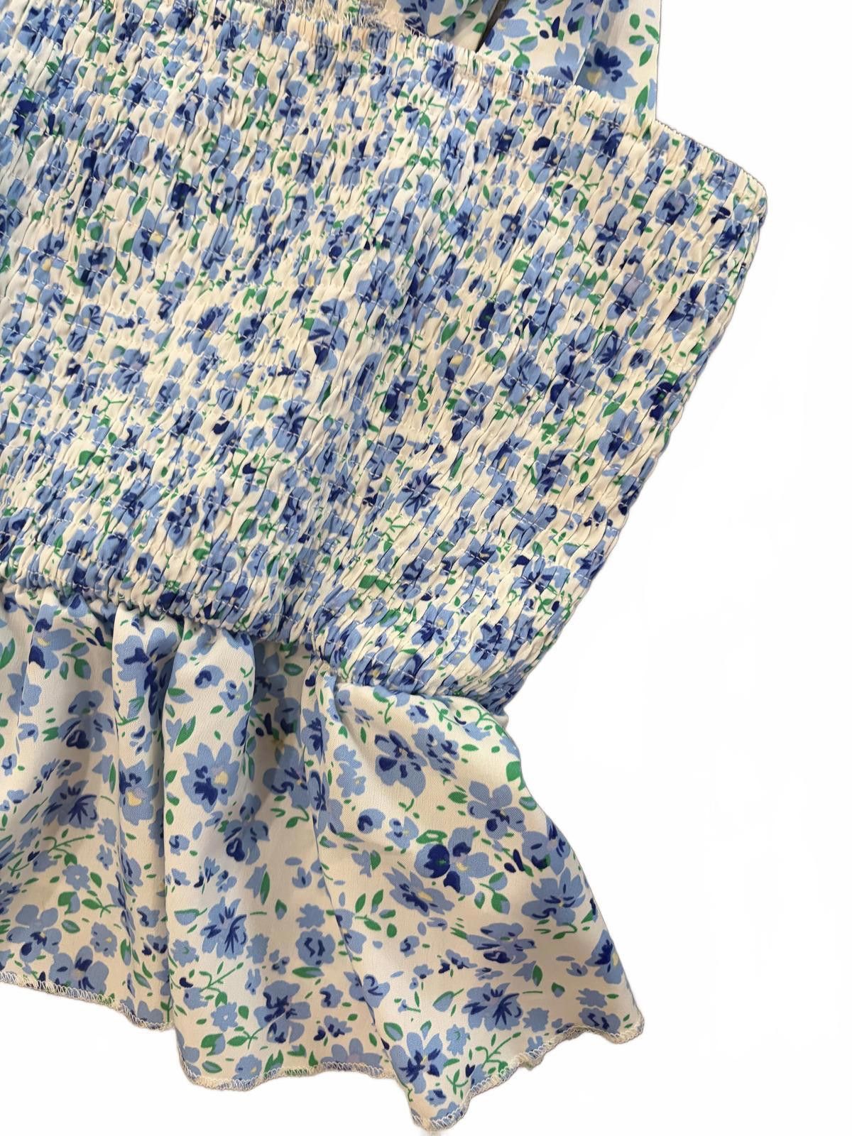 Shein SHEIN Floral Blue & White Sleeveless Smocked Top Tie Strap S Size ONE SIZE - 3 Thumbnail