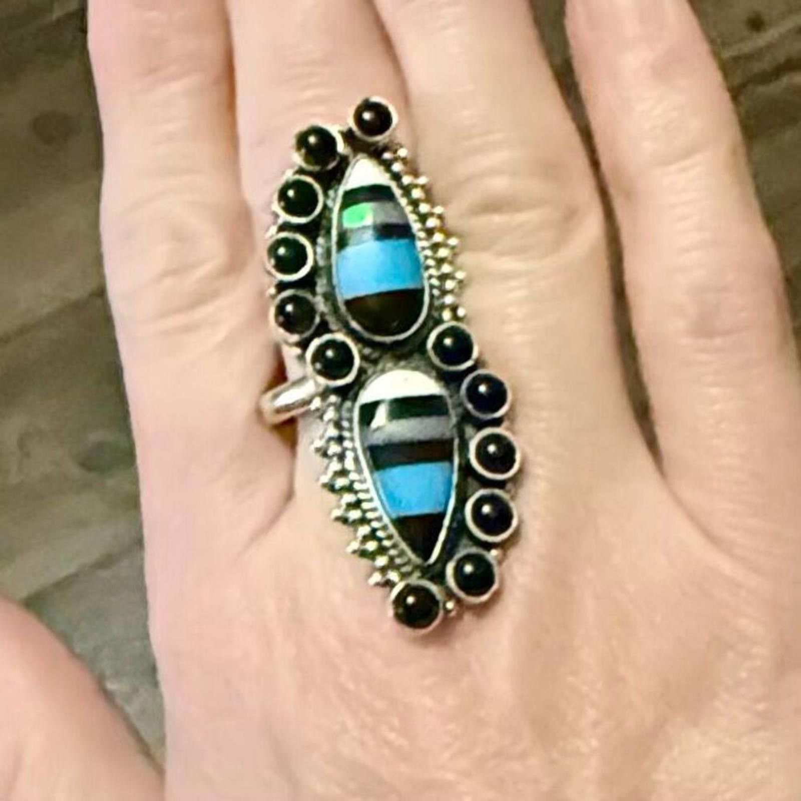 NBDN Nobrandedon Southwestern Aurora Opal & Onyx Sterling Silver Adj Ring Size ONE SIZE - 7 Thumbnail
