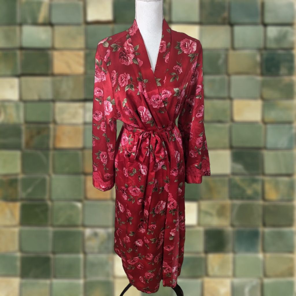 Vintage VINTAGE California Dynasty 2pc SATIN Red GOWN Nightgown Robe SET L Red 1980s Womens Size ONE SIZE - 1 Thumbnail