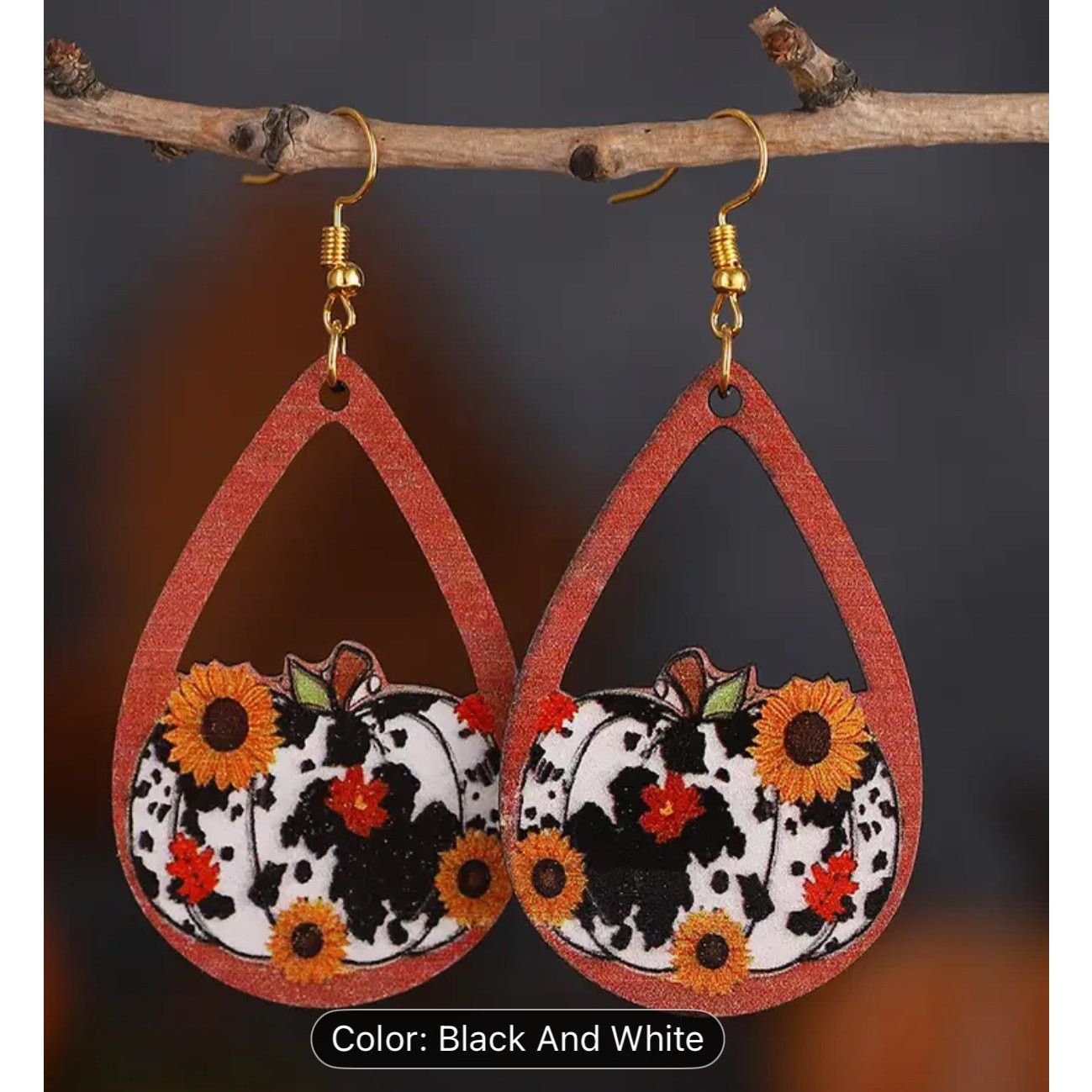 Handmade Thanksgiving Earring Cow Print Sunflower Pumpkin Wood Dangle Size ONE SIZE - 2 Thumbnail