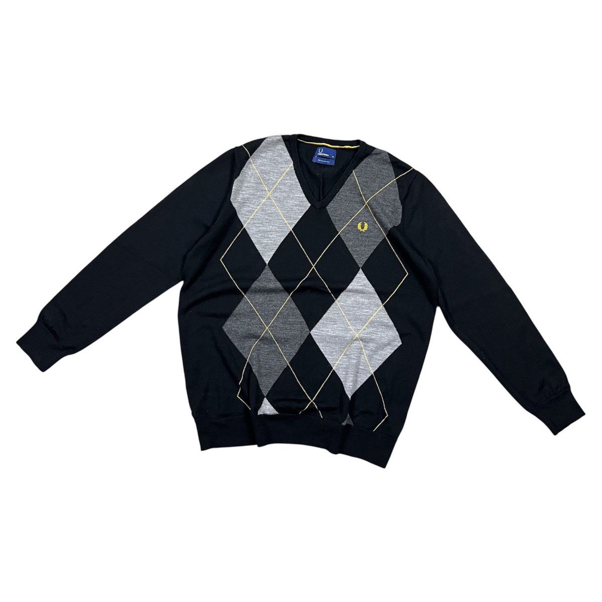 Fred Perry Fred Perry Merino Wool V-Neck Sweater Black Grey Gold Logo Size US XL / EU 56 / 4 - 1 Thumbnail