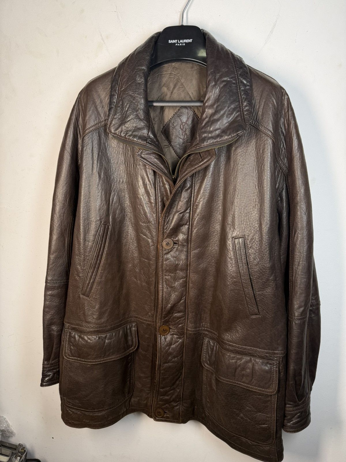 Yves Saint Laurent 90s Napa Leather YSL Jacket Soft Brown Warm Coat Long Size US L / EU 52-54 / 3 - 23 Thumbnail