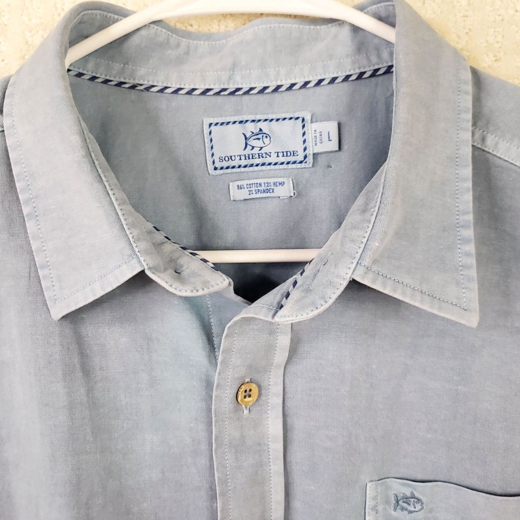 Southern Tide Southern Tide Men L Blue Cotton-Hemp Shirt Short Sleeve Button-Up Size US L / EU 52-54 / 3 - 5 Thumbnail