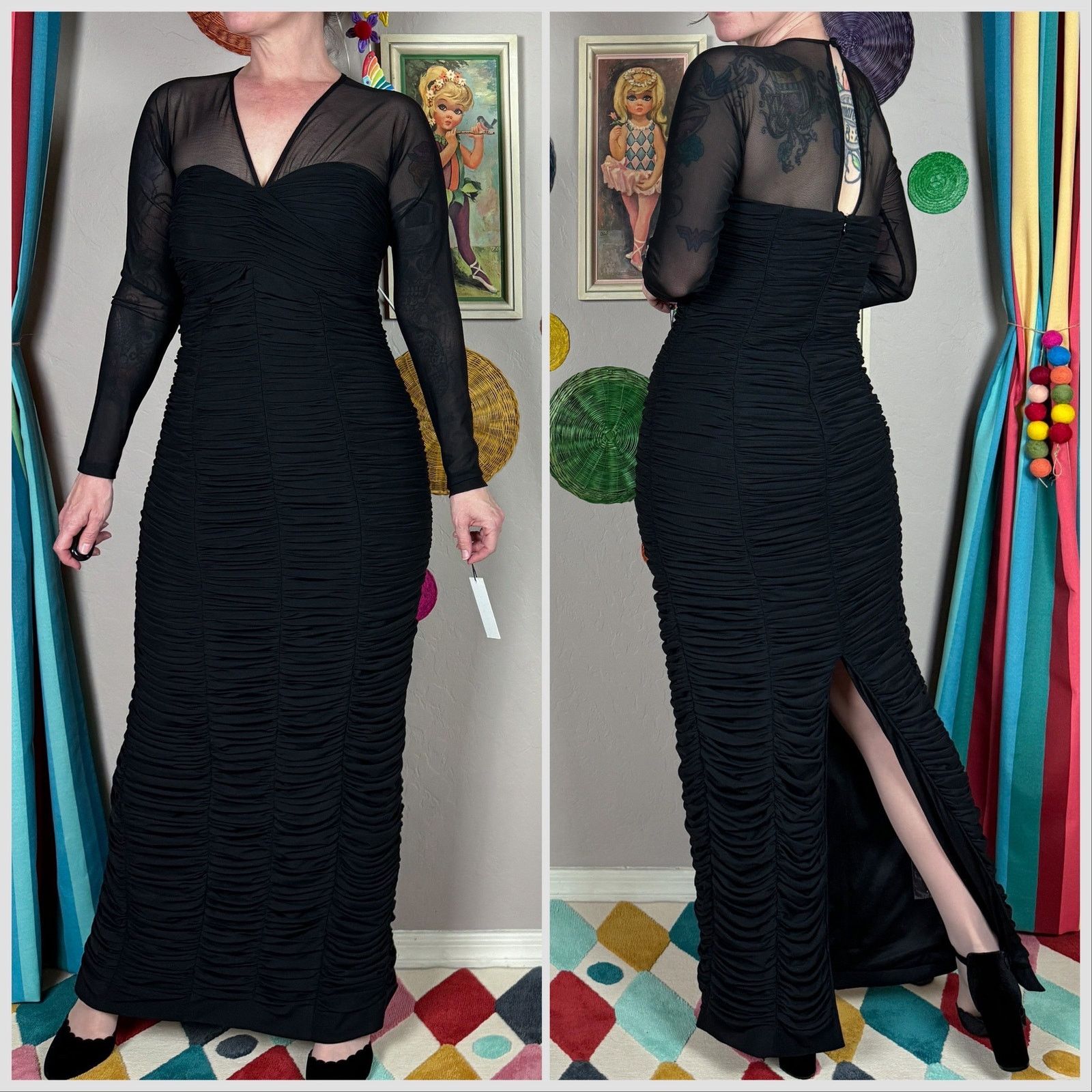 Other Vicky Tiel Black Long Sleeve Mesh Ruched Mummy Dress Size S / US 4 / IT 40 - 4 Thumbnail