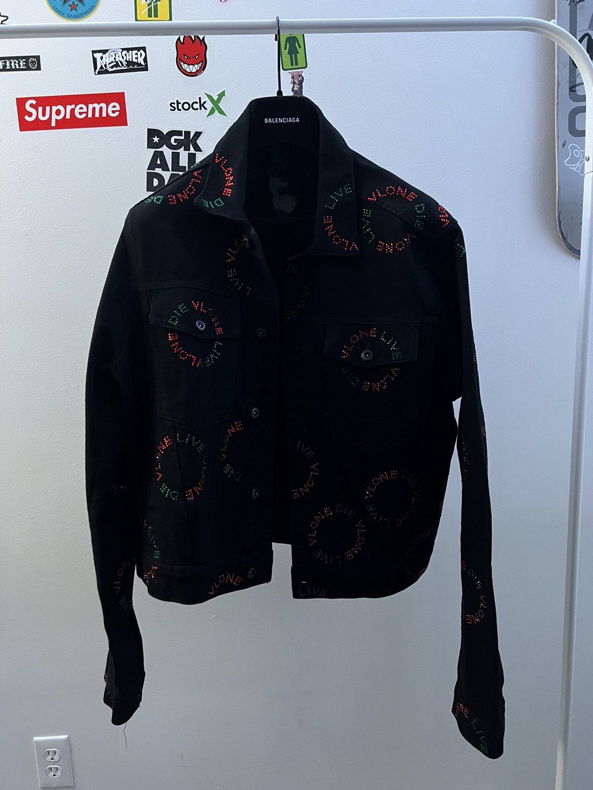 image of Vlone Red And Green Rhinestone Denim Jacket in Black, Men's (Size Medium)