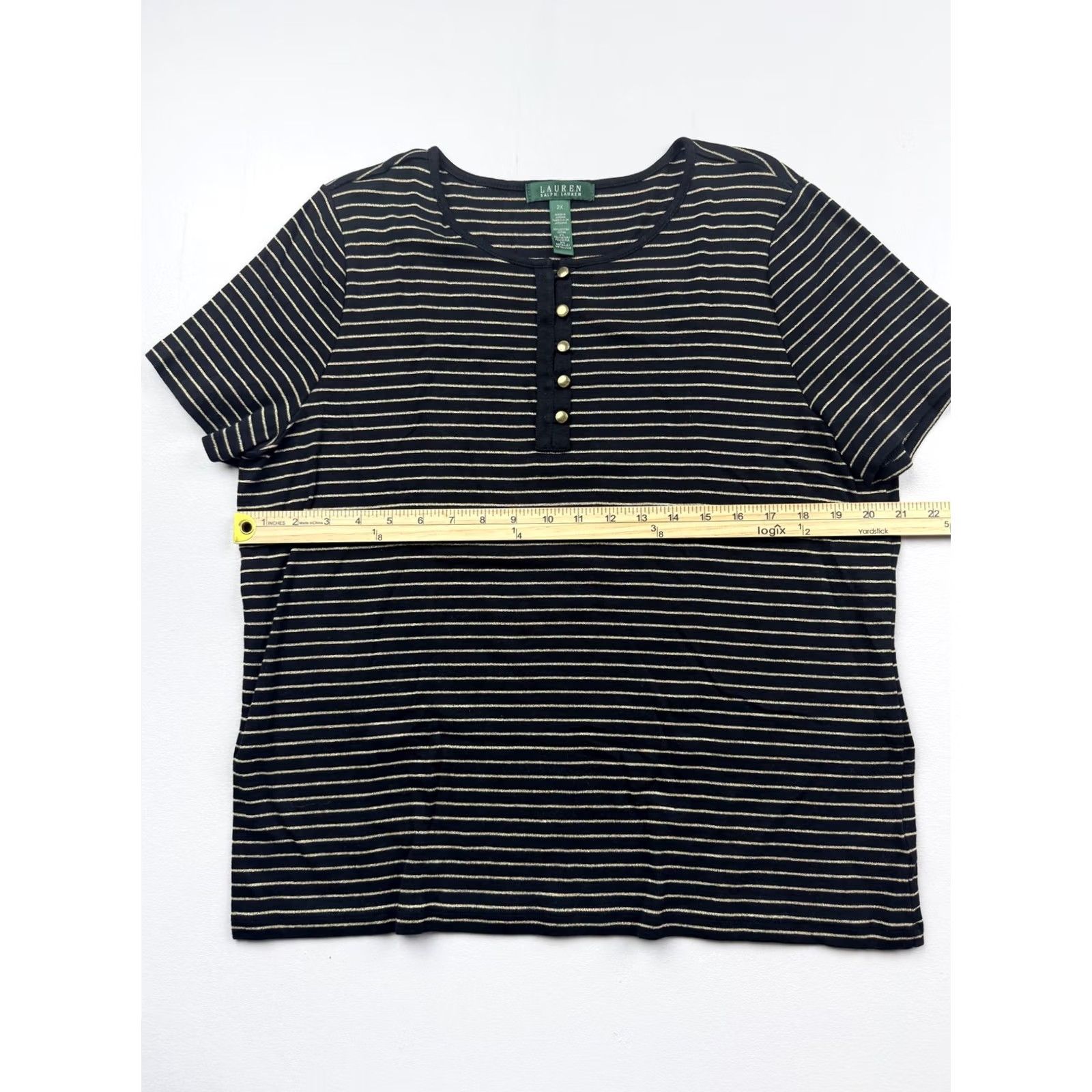 Ralph Lauren Lauren Ralph Lauren Shirt Womens 2X Black Stripe Henley Short Sleeve Jersey Top Size XXL / US 16-18 / IT 52-54 - 5 Thumbnail