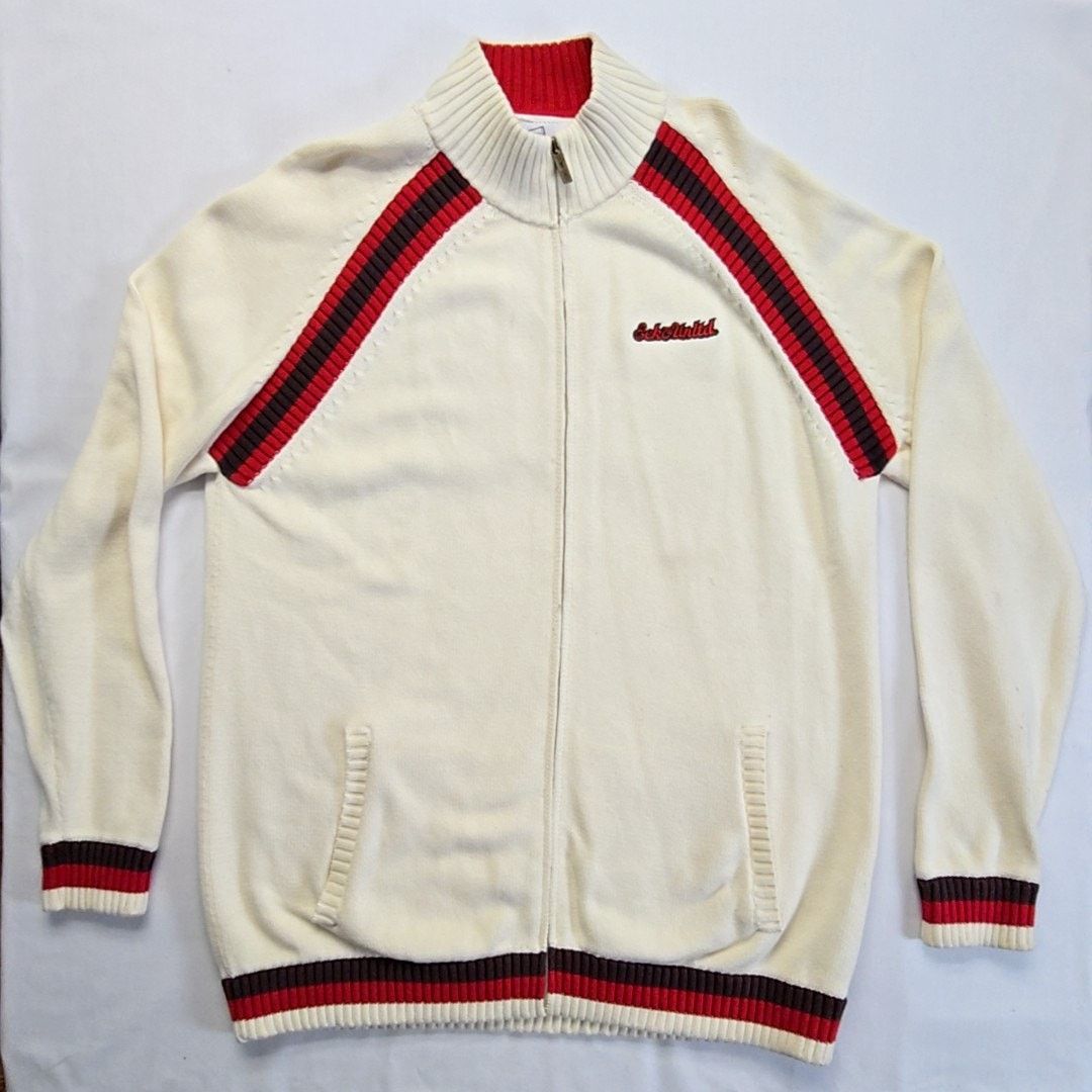 Ecko Unltd Knit Sweater Red Stripe Full Zip Cream XXL Y2K