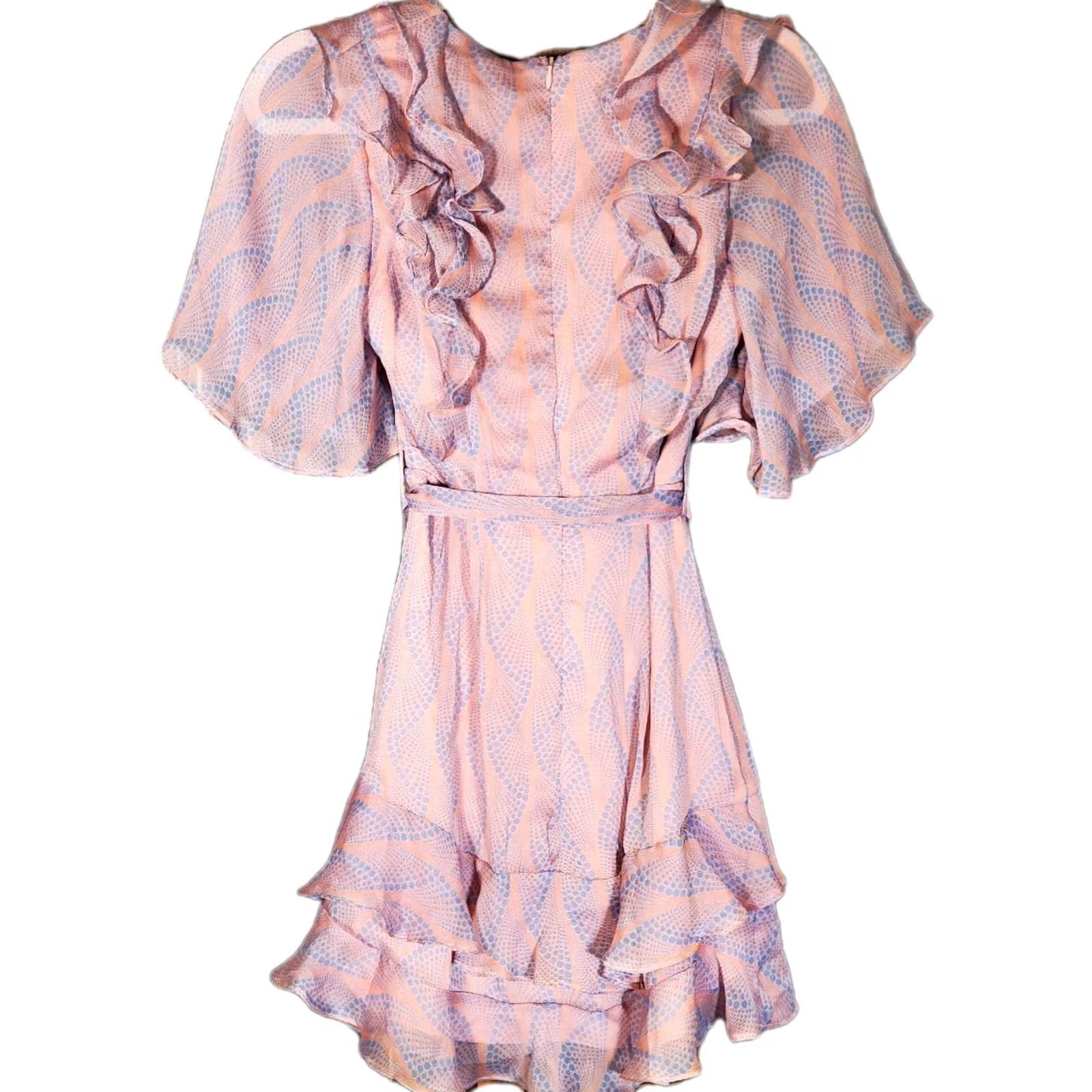 Vintage Saints + Secrets Tie Front Short Sleeve Ruffle Mini Dress Rose / Blue Women's S New Size 28" / US 6 / IT 42 - 6 Thumbnail