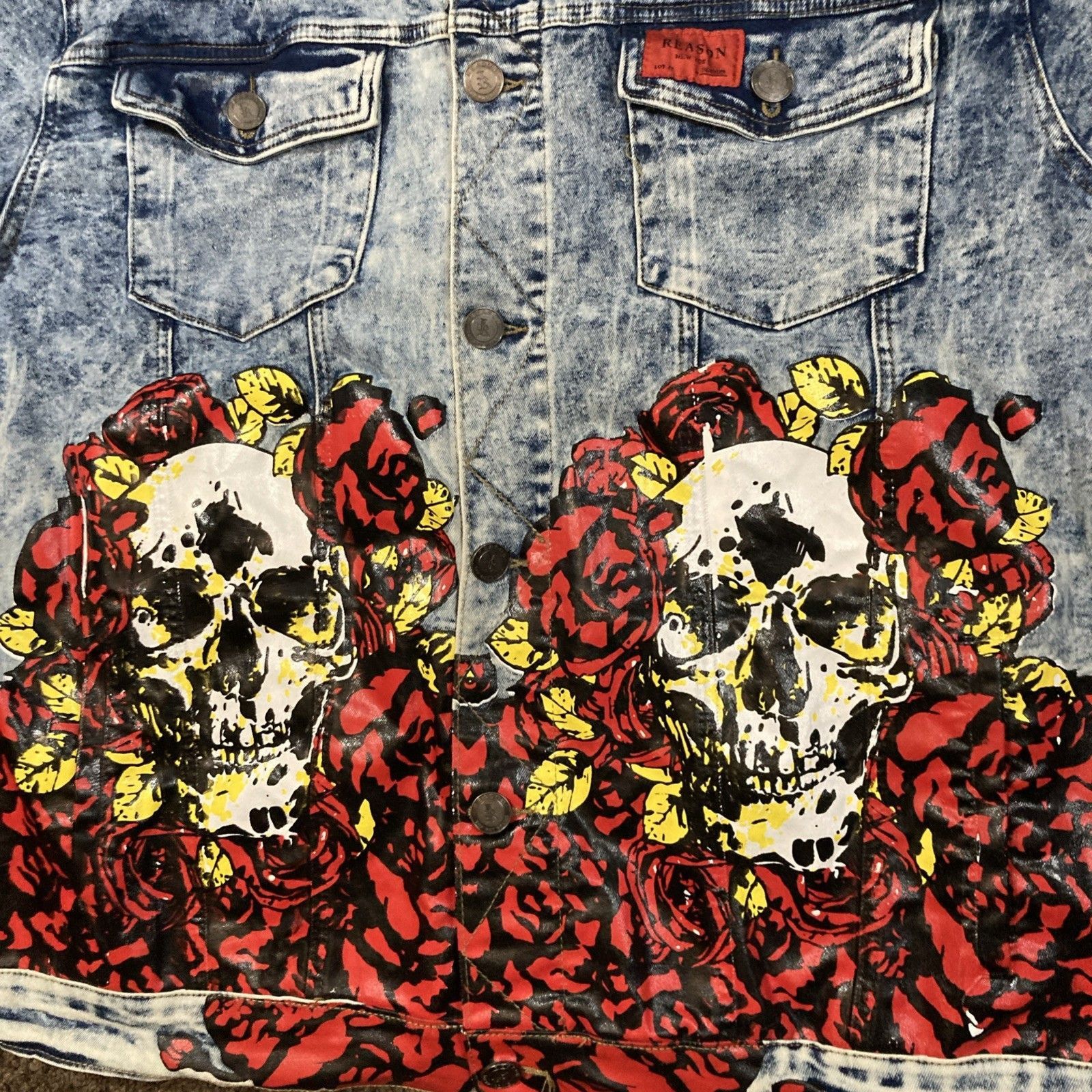 Reason Reason Denim Jean Jacket Grunge Skull Painted Roses Mens XL Size US XL / EU 56 / 4 - 9 Thumbnail