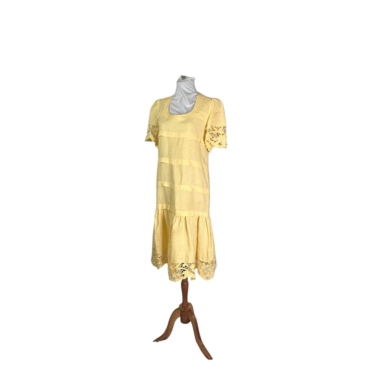 Vintage Vintage 80s Yellow Linen Floral Lace Cottagecore Dress M Size M / US 6-8 / IT 42-44 - 4 Thumbnail