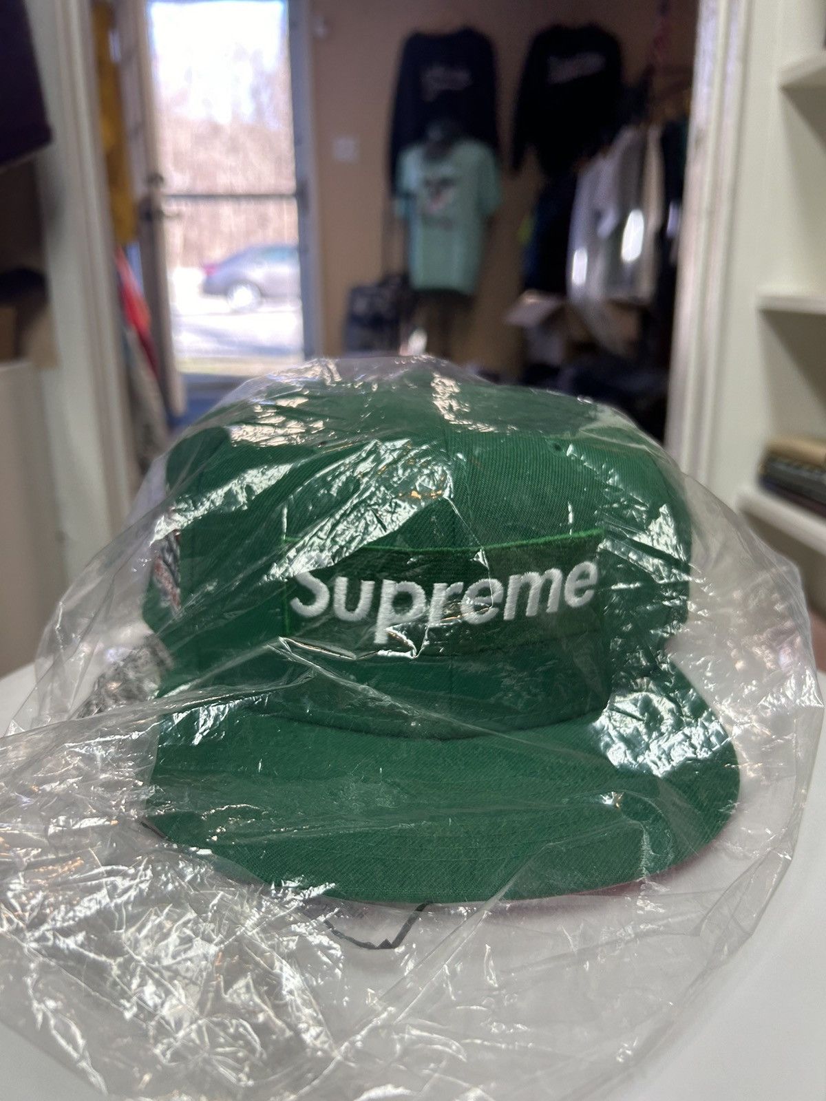 image of Supreme No Comp Box Logo New Era Cap in Green, Men's