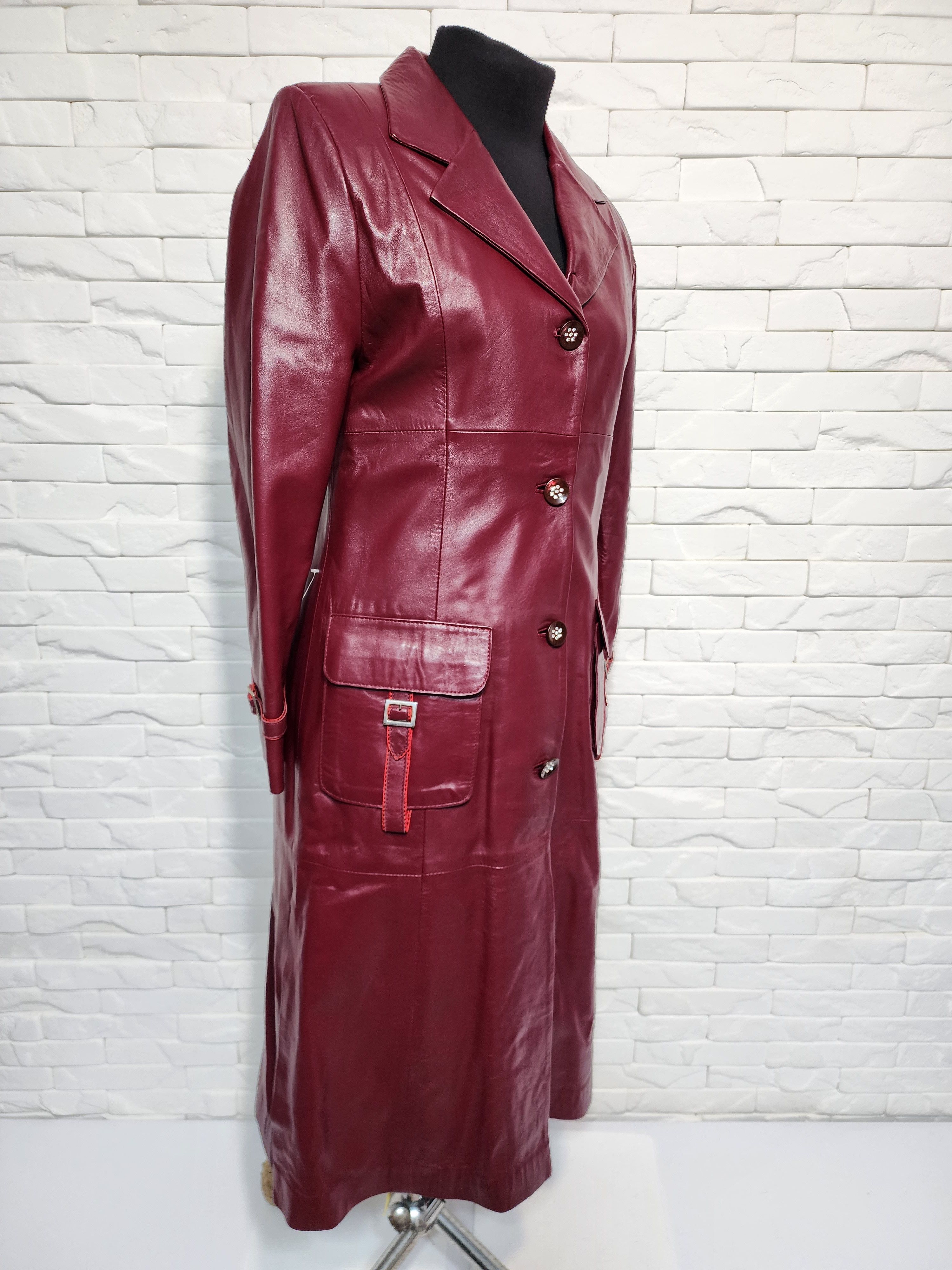 Genuine Leather Burgundy Leather Raincoat: Women's Long Leather Jacket Size M / US 6-8 / IT 42-44 - 3 Thumbnail