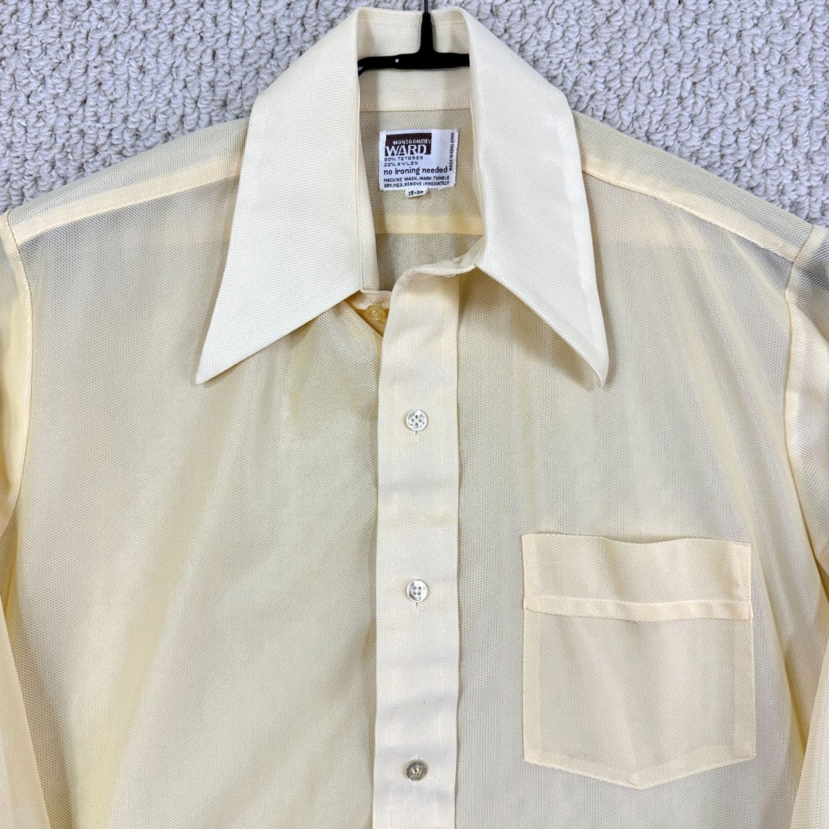 Vintage VINTAGE Montgomery Ward Shirt Men 15-33 Yellow Disco Sheer Lightweight Dagger Collar Button-Front Long Sleeve 1970s Mod Hippie Disco Clubwear Mens Size US M / EU 48-50 / 2 - 3 Thumbnail