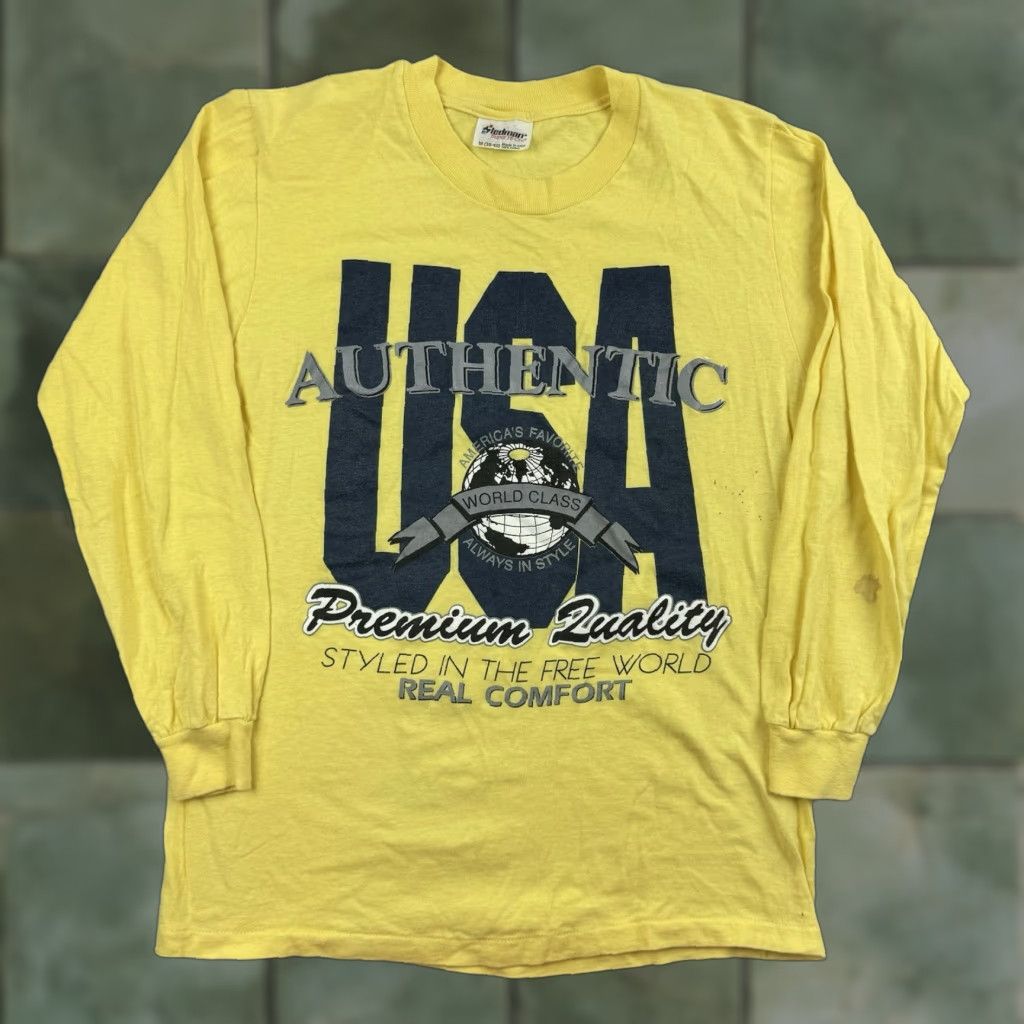 Vintage VINTAGE Stedman T-Shirt Adult Medium Yellow USA 80s Long Sleeve Crew Neck Shirt Mens Size US M / EU 48-50 / 2 - 1 Thumbnail