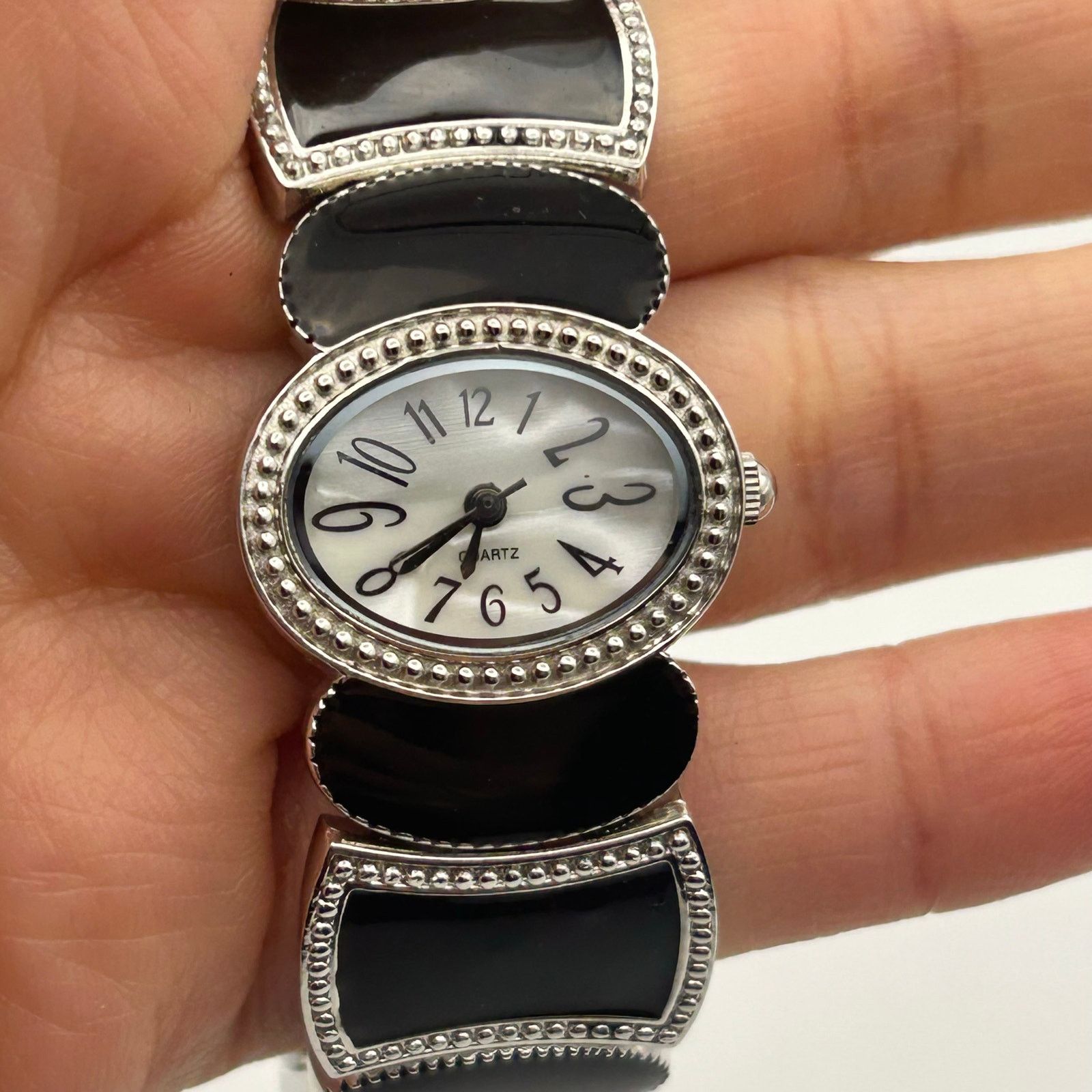 Other Black Mother Pearl Black And Silvertone Cuff Bracelet Watch Size ONE SIZE - 6 Thumbnail