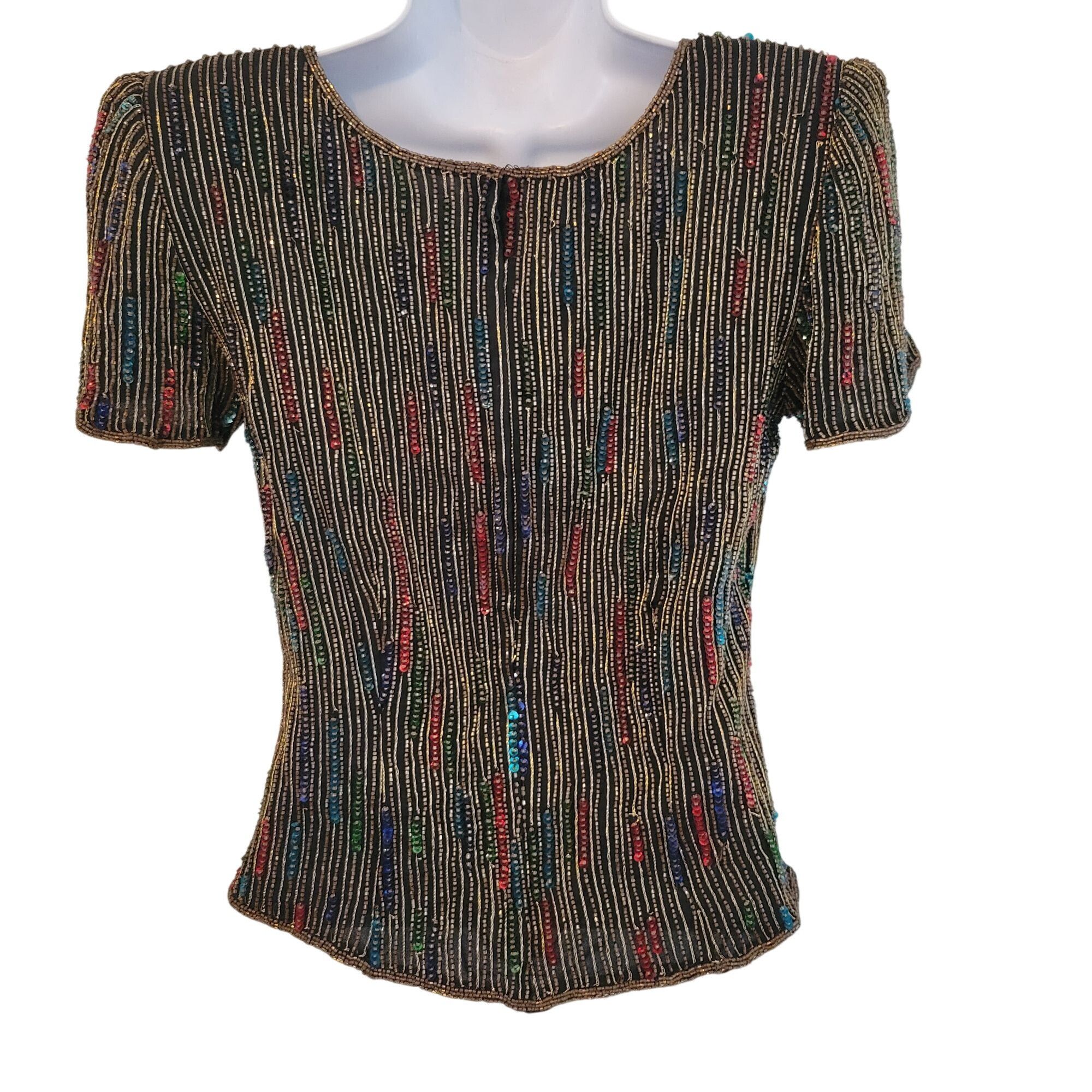 Other Stenay S Silk Rainbow Beaded Black Top Short Sleeves Sequins Size S / US 4 / IT 40 - 3 Thumbnail