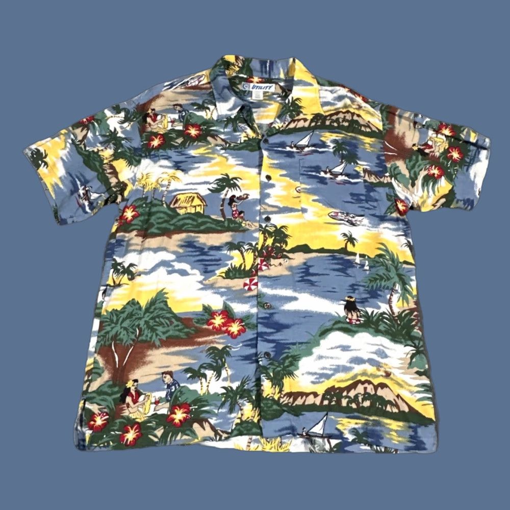 Vintage Utility Shirt Mens Large Blue Hawaiian Aloha Button Front Short Sleeve Tropical Shirt Size US L / EU 52-54 / 3 - 1 Thumbnail