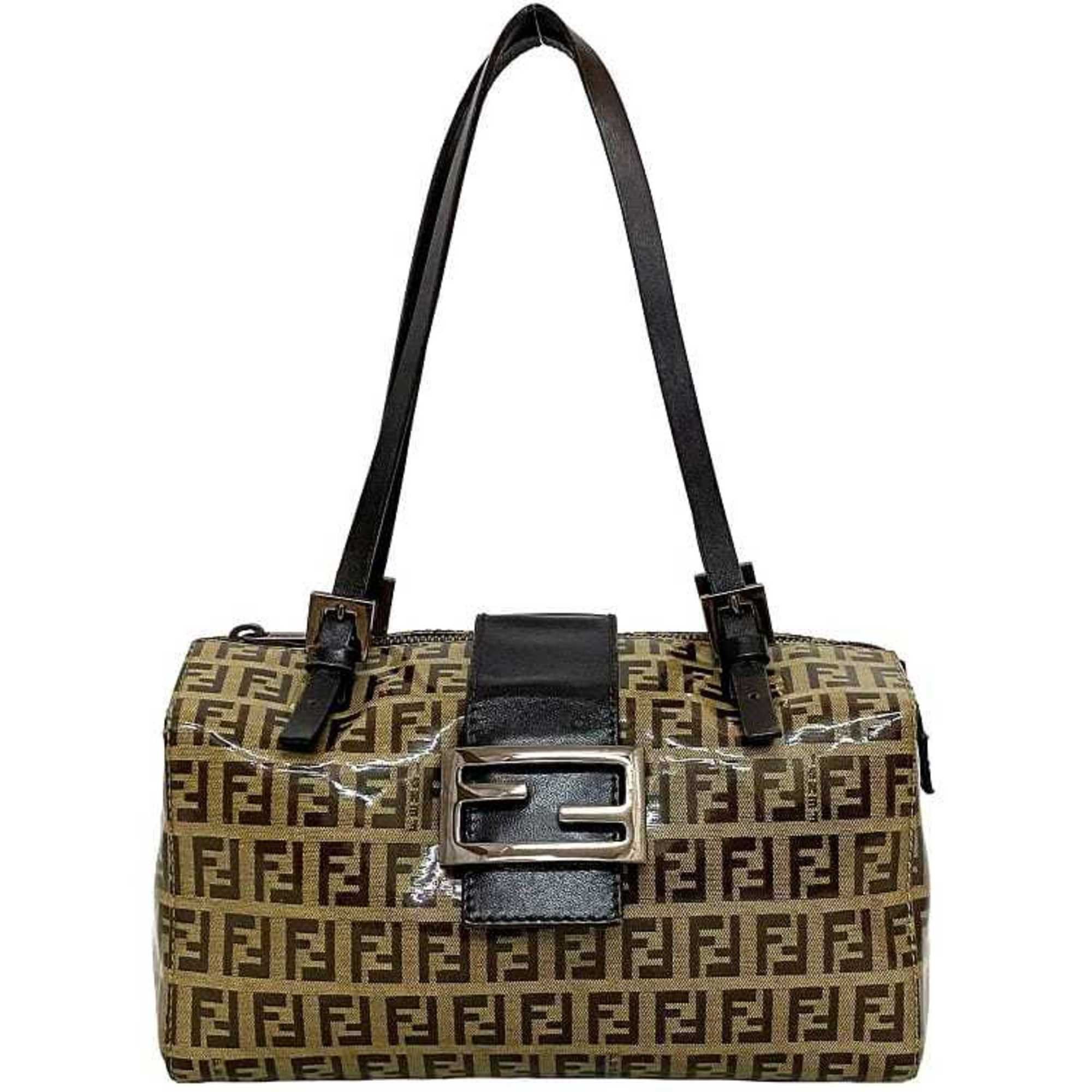 image of Fendi Handbag Beige Brown Silver Zucchino 8Bl000 Vinyl Leather Fendi Ff Enamel Ladies, Women's