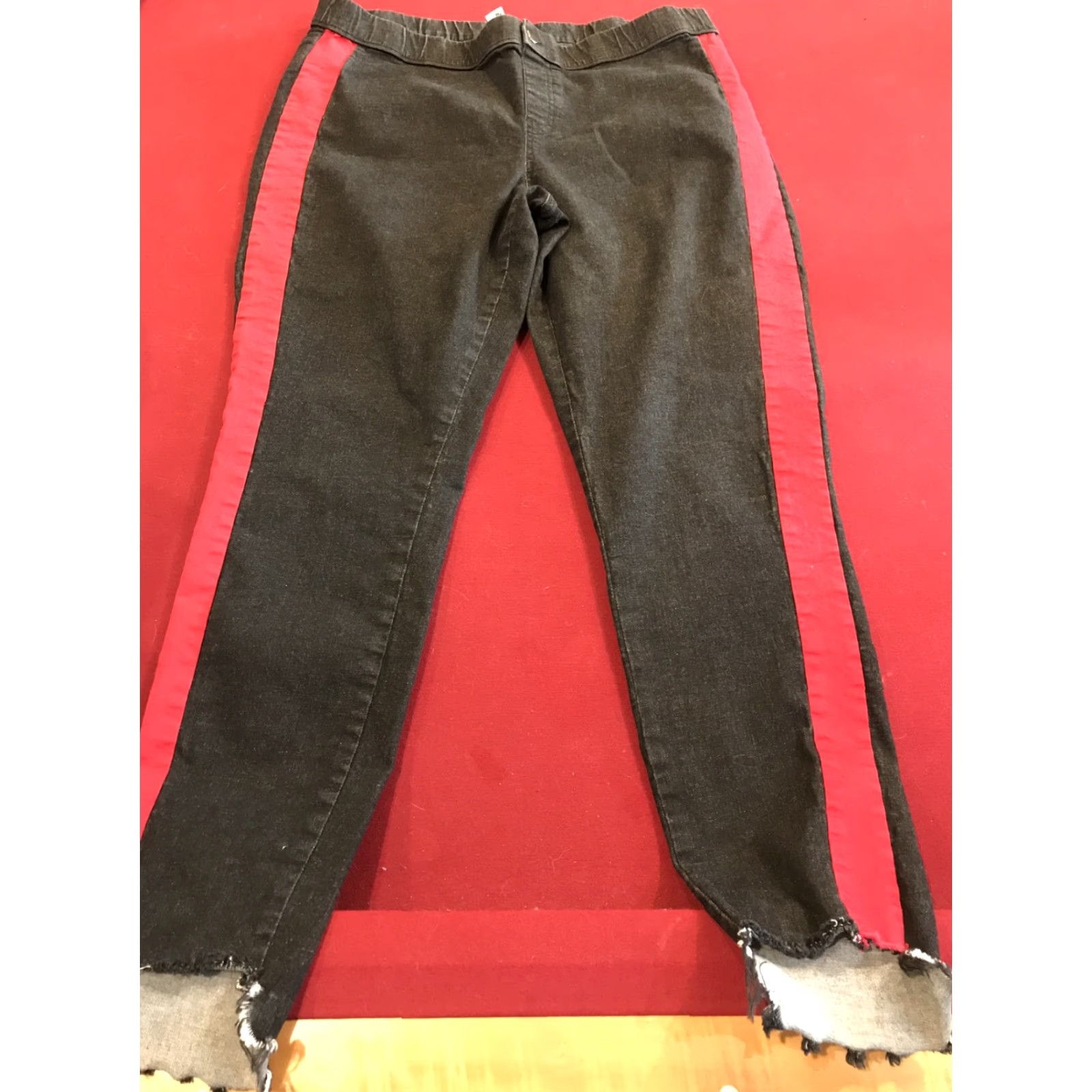 Denime VINTAGE? No. Black PANTS Red Side Leg STRIPES Tuxedo Denim Skimmer Frayed Cuff Gothic Punk XL Size 40" / US 18 - 6 Thumbnail