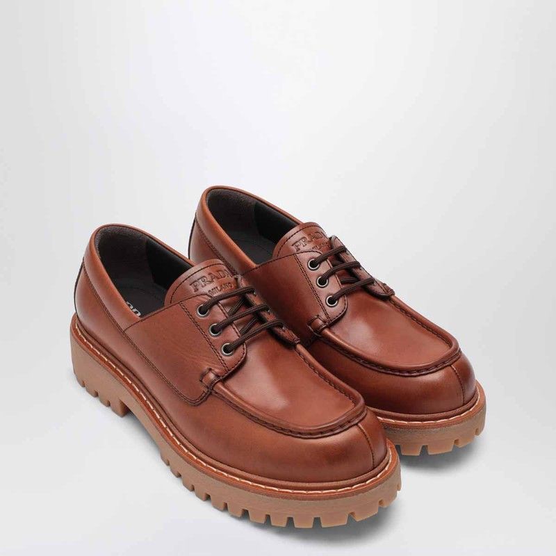 Prada Laced Moccasins In Cognac Leather